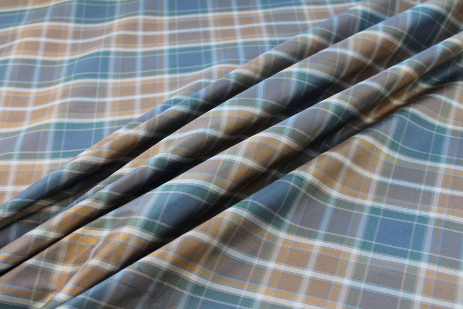 Tartan Check Silk Taffeta - Caramel, Brown and Dusty Blue fabric, image 4 of 6
