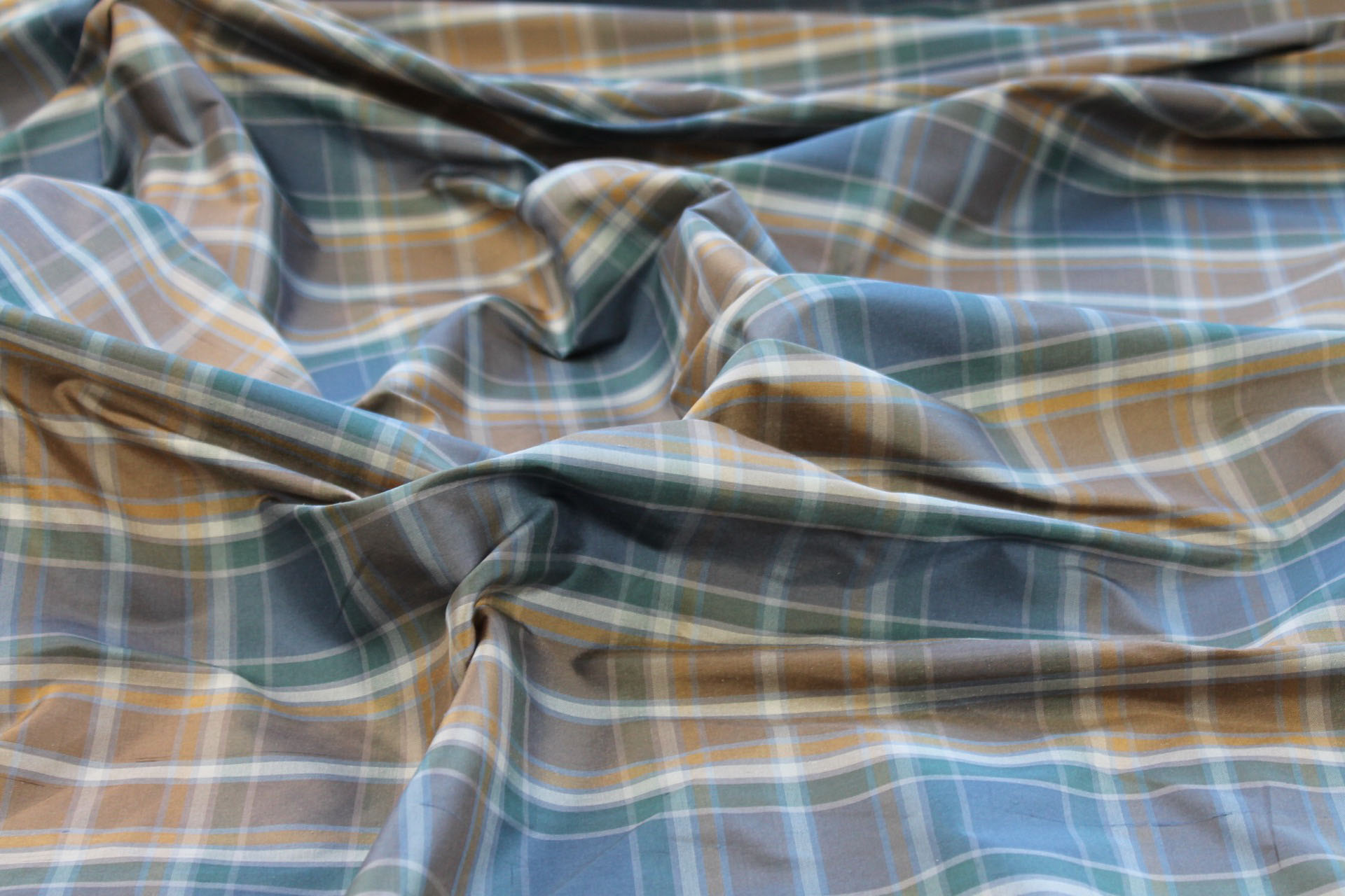 Tartan Check Silk Taffeta - Caramel, Brown and Dusty Blue fabric, image 5 of 6