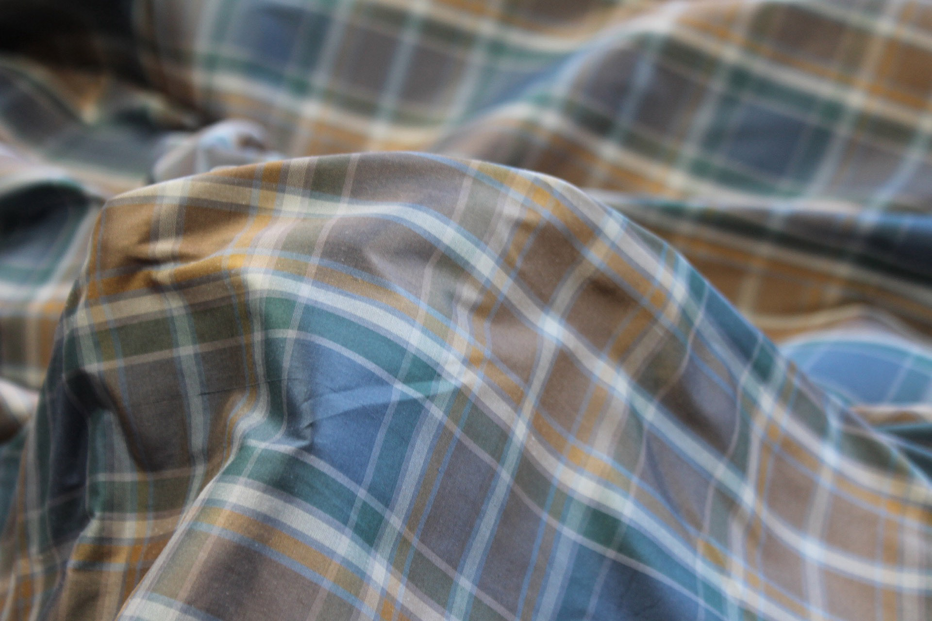 Tartan Check Silk Taffeta - Caramel, Brown and Dusty Blue fabric, image 6 of 6