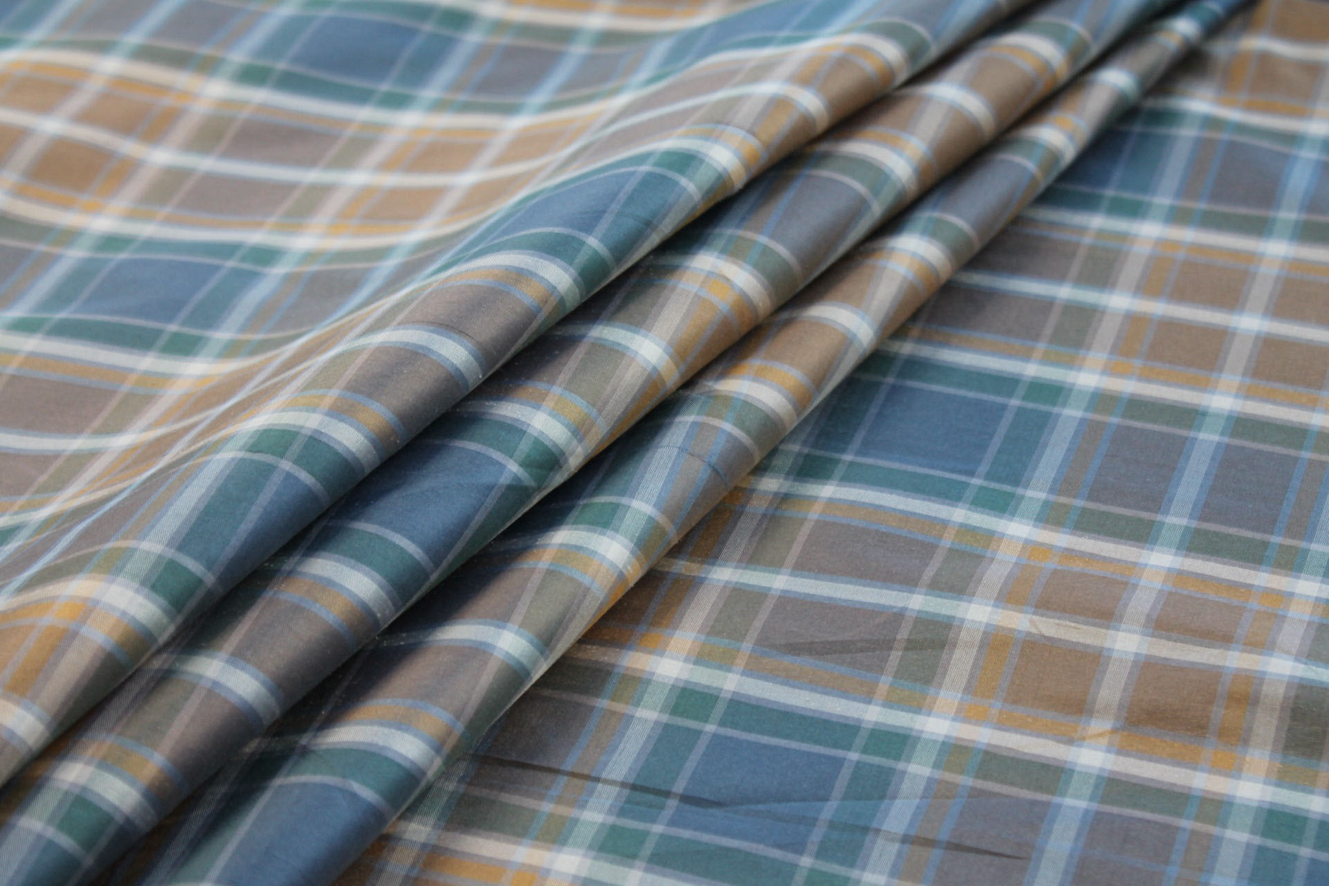 Tartan Check Silk Taffeta - Caramel, Brown and Dusty Blue fabric