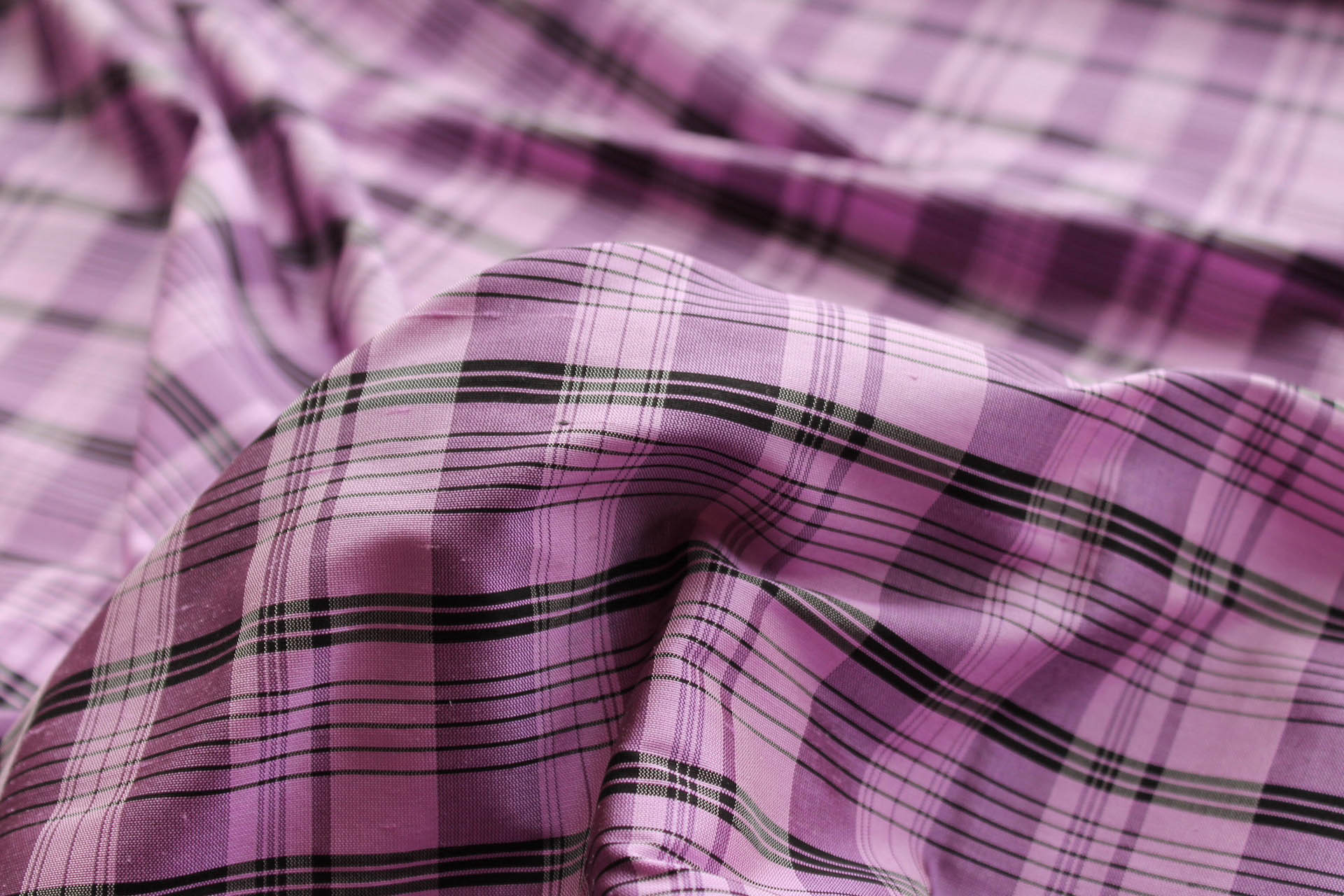 Tartan Check Silk Dupion - Lilac, Ivory and Black fabric, image 3 of 6