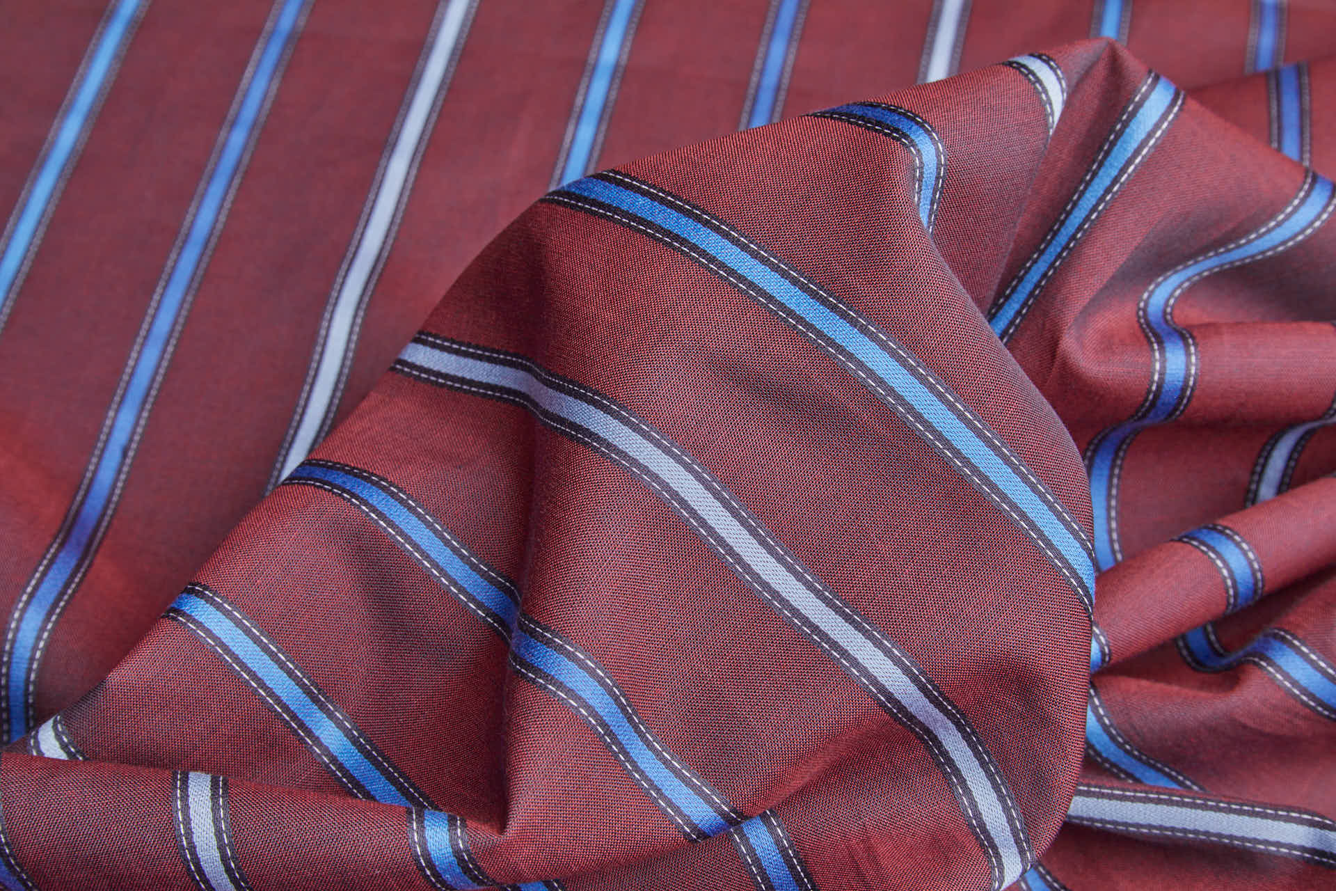 Luxury Italian Satin Stripe Shirting - Burgundy and Blues fabric, image 2 of 9