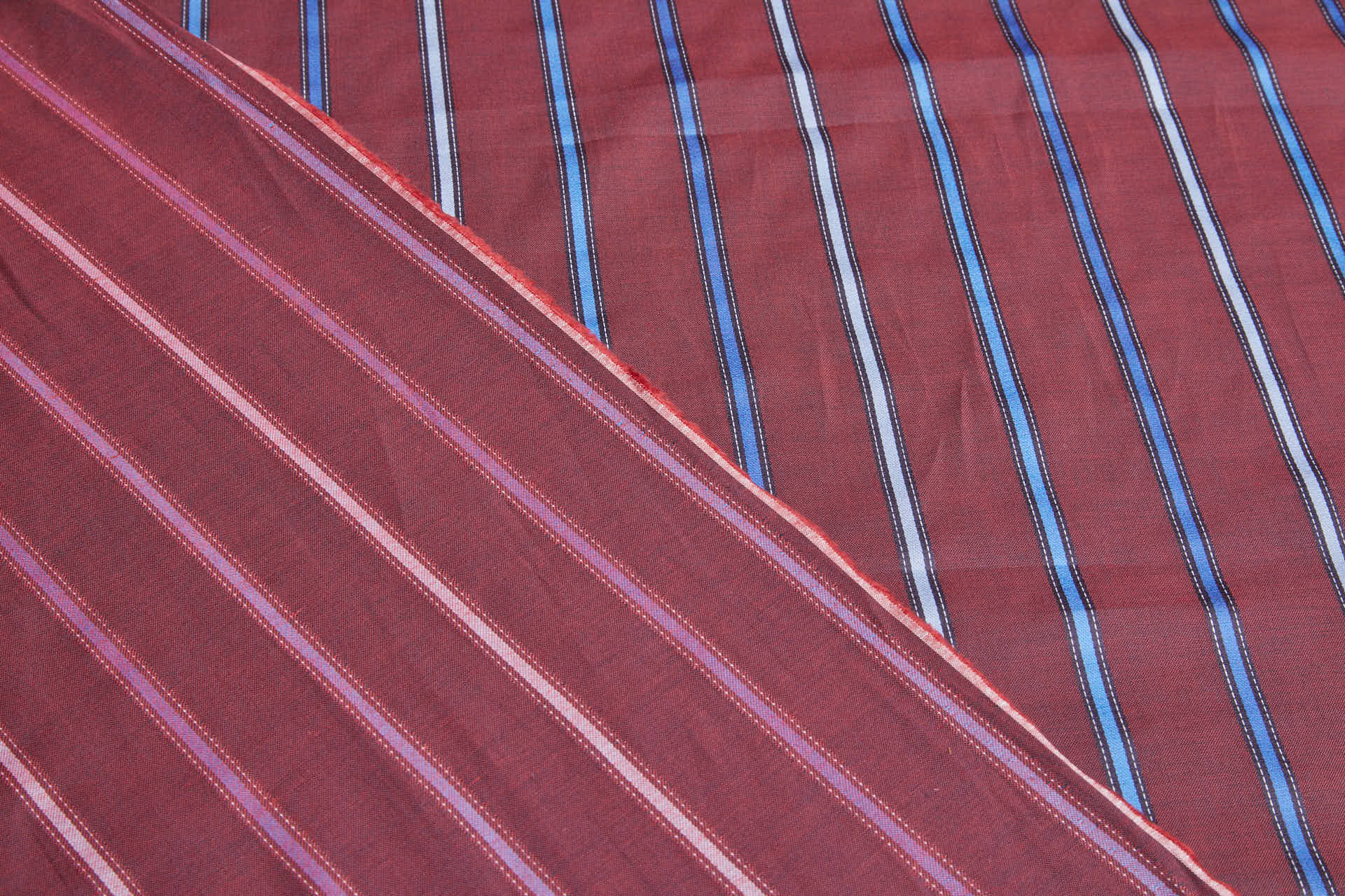 Luxury Italian Satin Stripe Shirting - Burgundy and Blues fabric, image 6 of 9