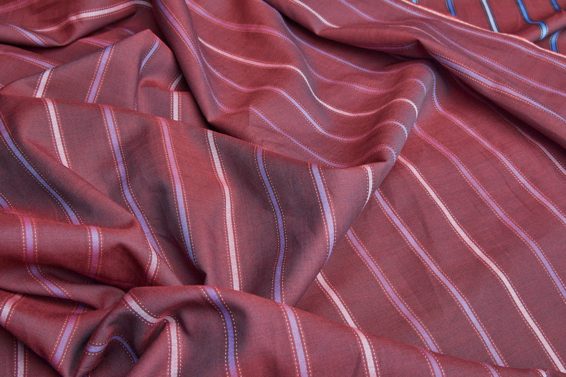 Luxury Italian Satin Stripe Shirting - Burgundy and Blues fabric, image 5 of 9