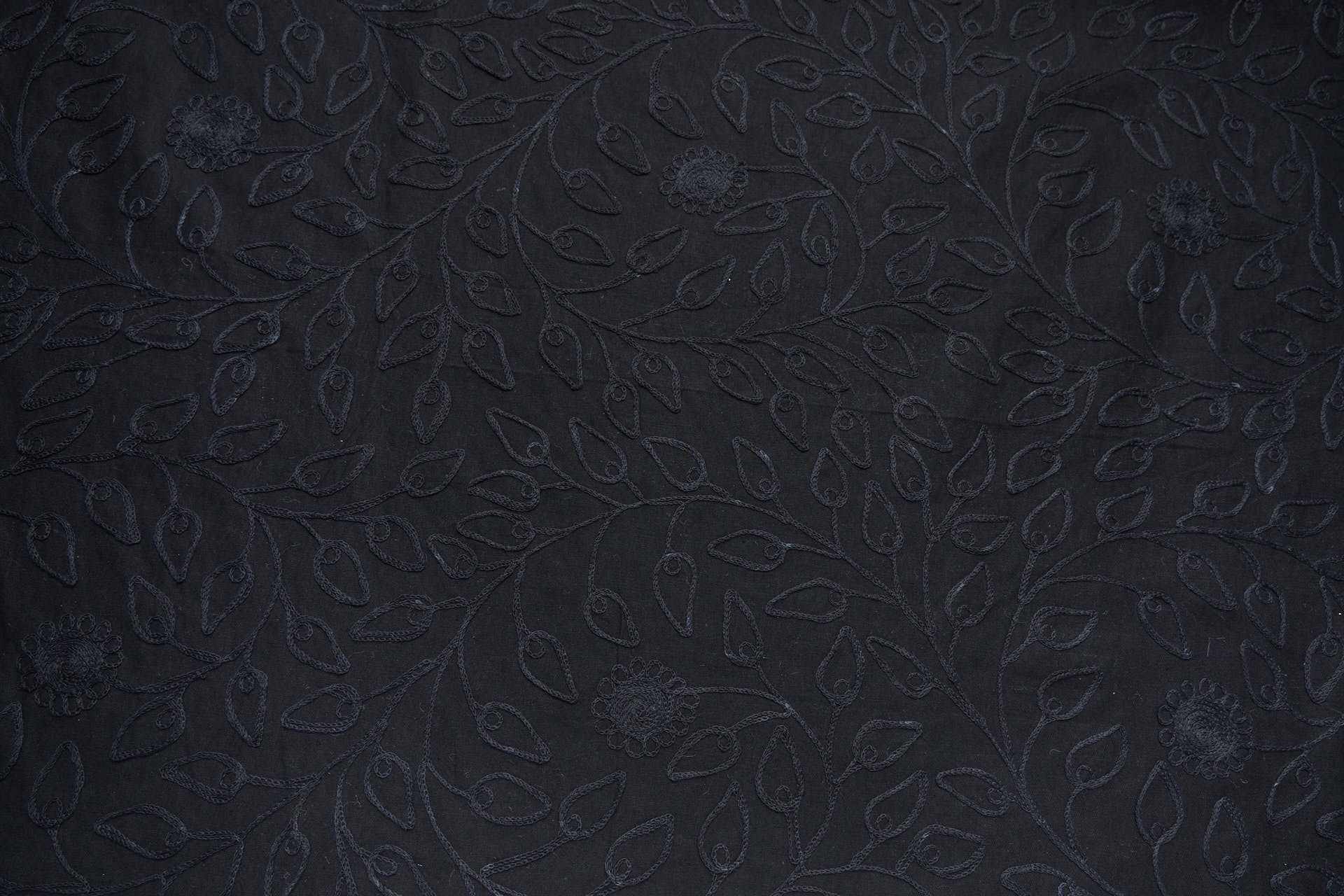 Black Crewel Work Foliage Vine Embroidery on Black Cotton fabric, image 6 of 9