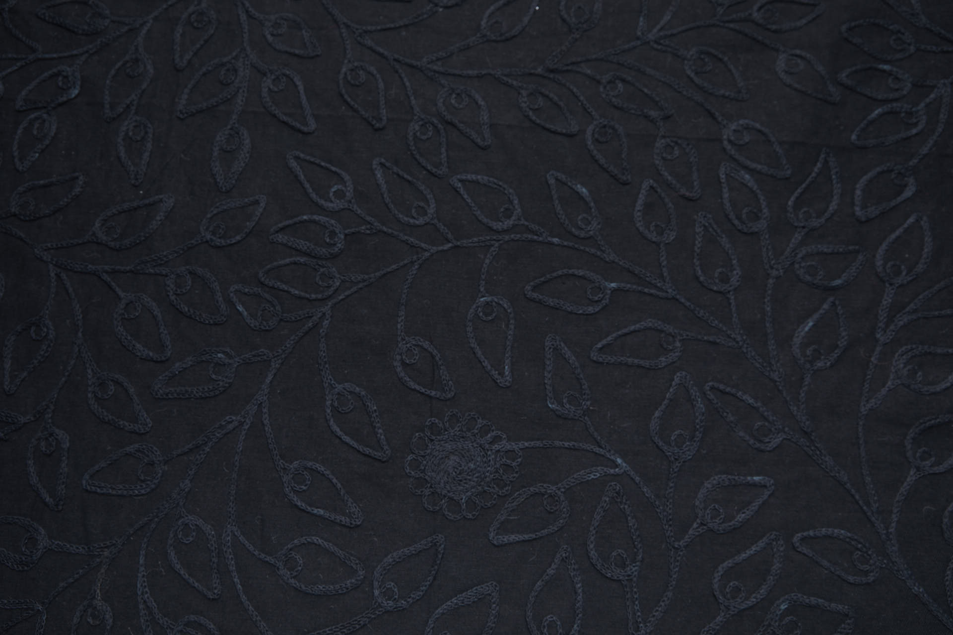 Black Crewel Work Foliage Vine Embroidery on Black Cotton fabric, image 3 of 9