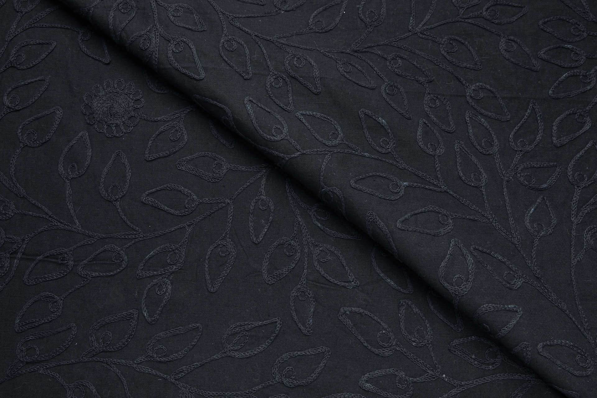 Black Crewel Work Foliage Vine Embroidery on Black Cotton fabric, image 8 of 9