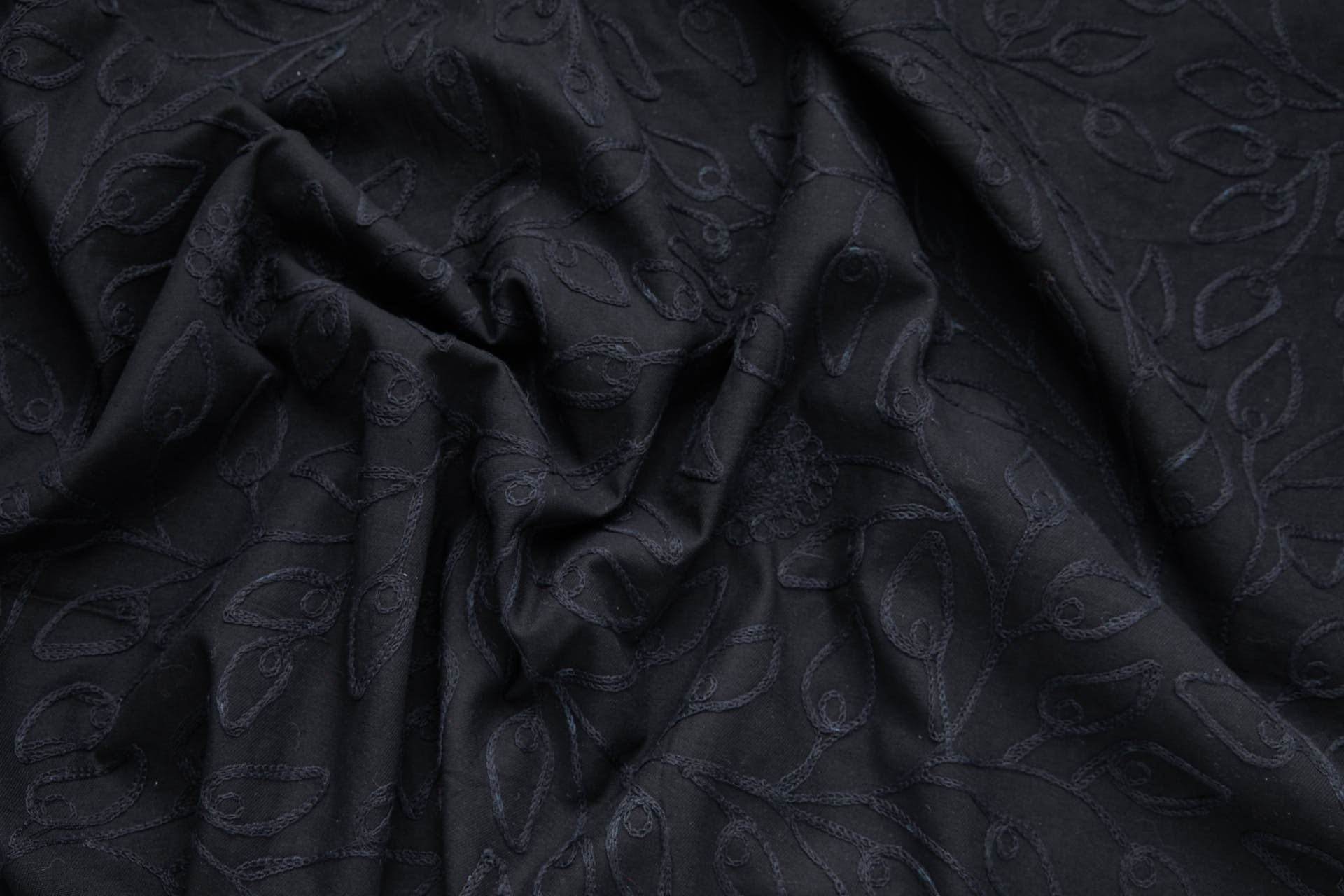 Black Crewel Work Foliage Vine Embroidery on Black Cotton fabric, image 5 of 9