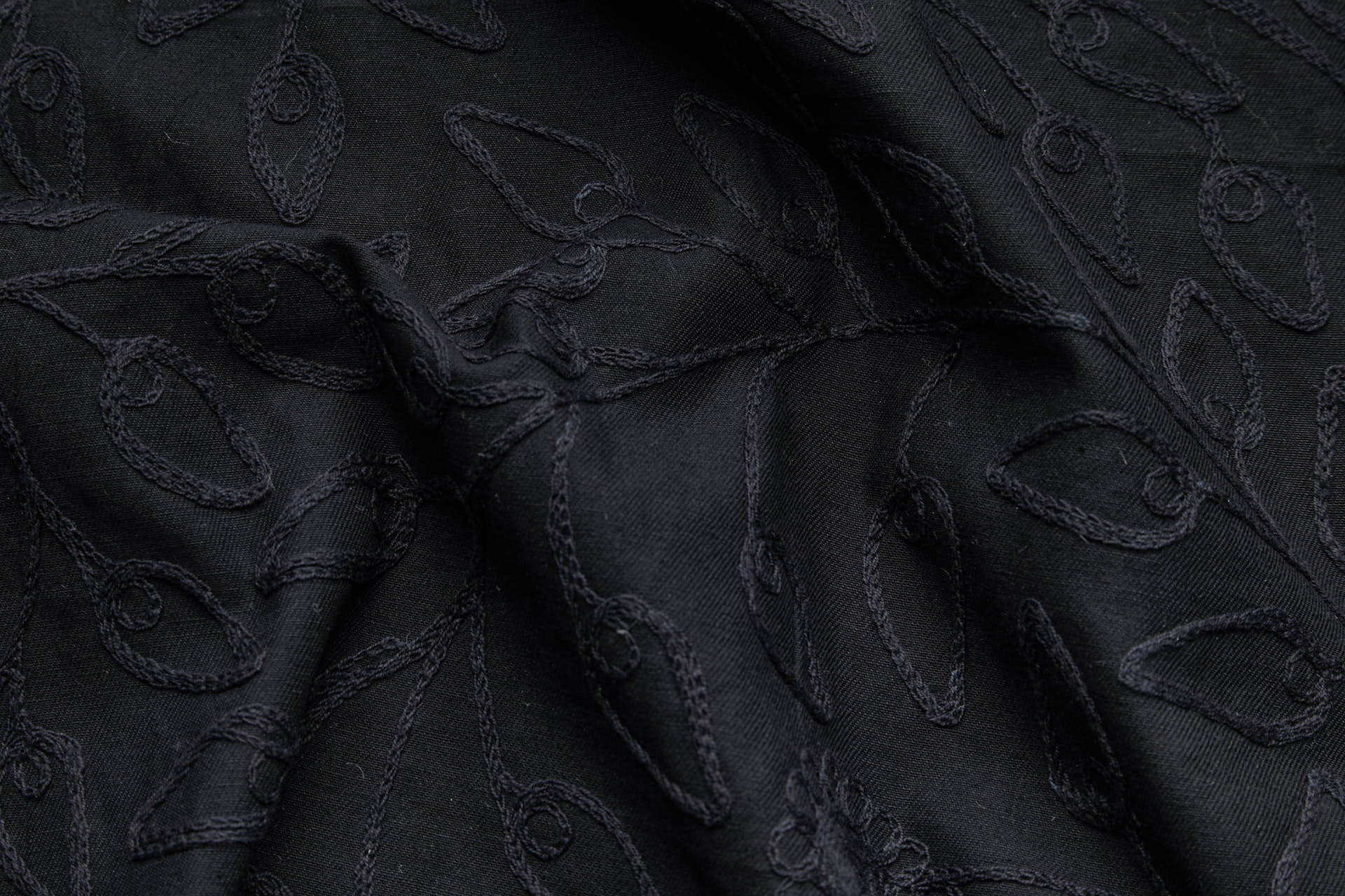 Black Crewel Work Foliage Vine Embroidery on Black Cotton fabric, image 2 of 9