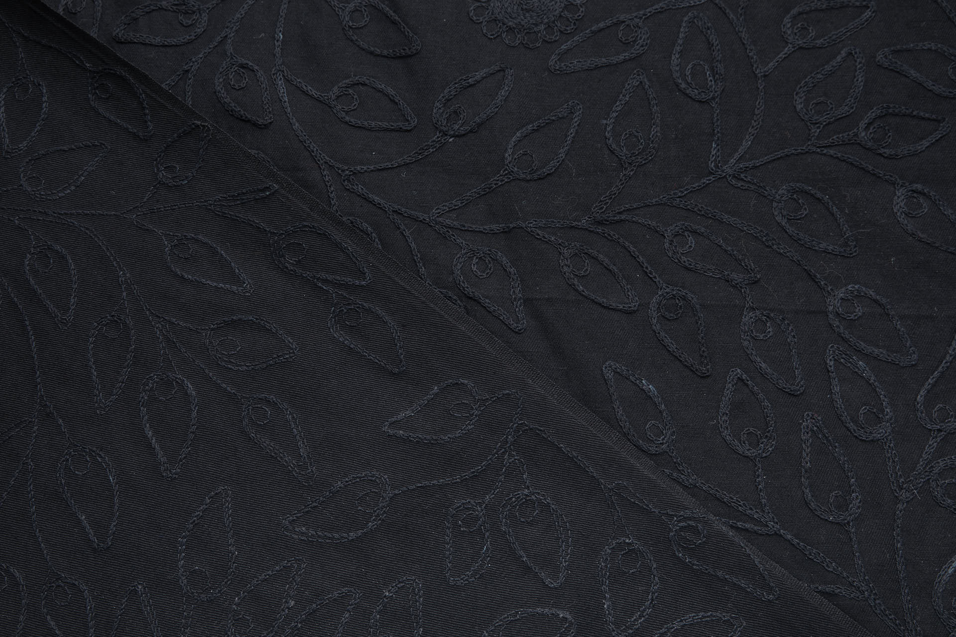 Black Crewel Work Foliage Vine Embroidery on Black Cotton fabric, image 9 of 9