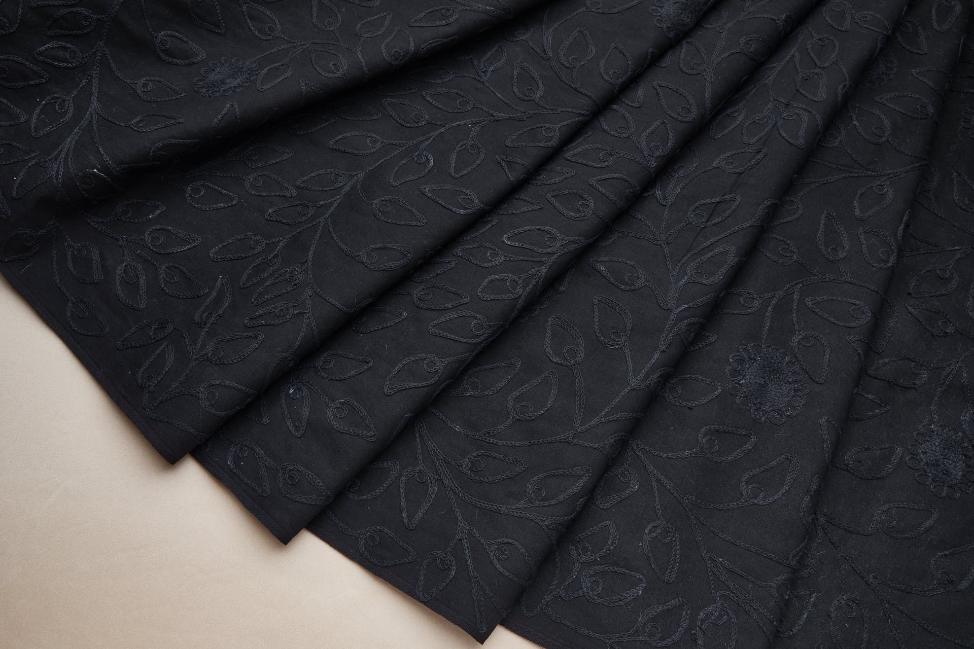 Black Crewel Work Foliage Vine Embroidery on Black Cotton fabric