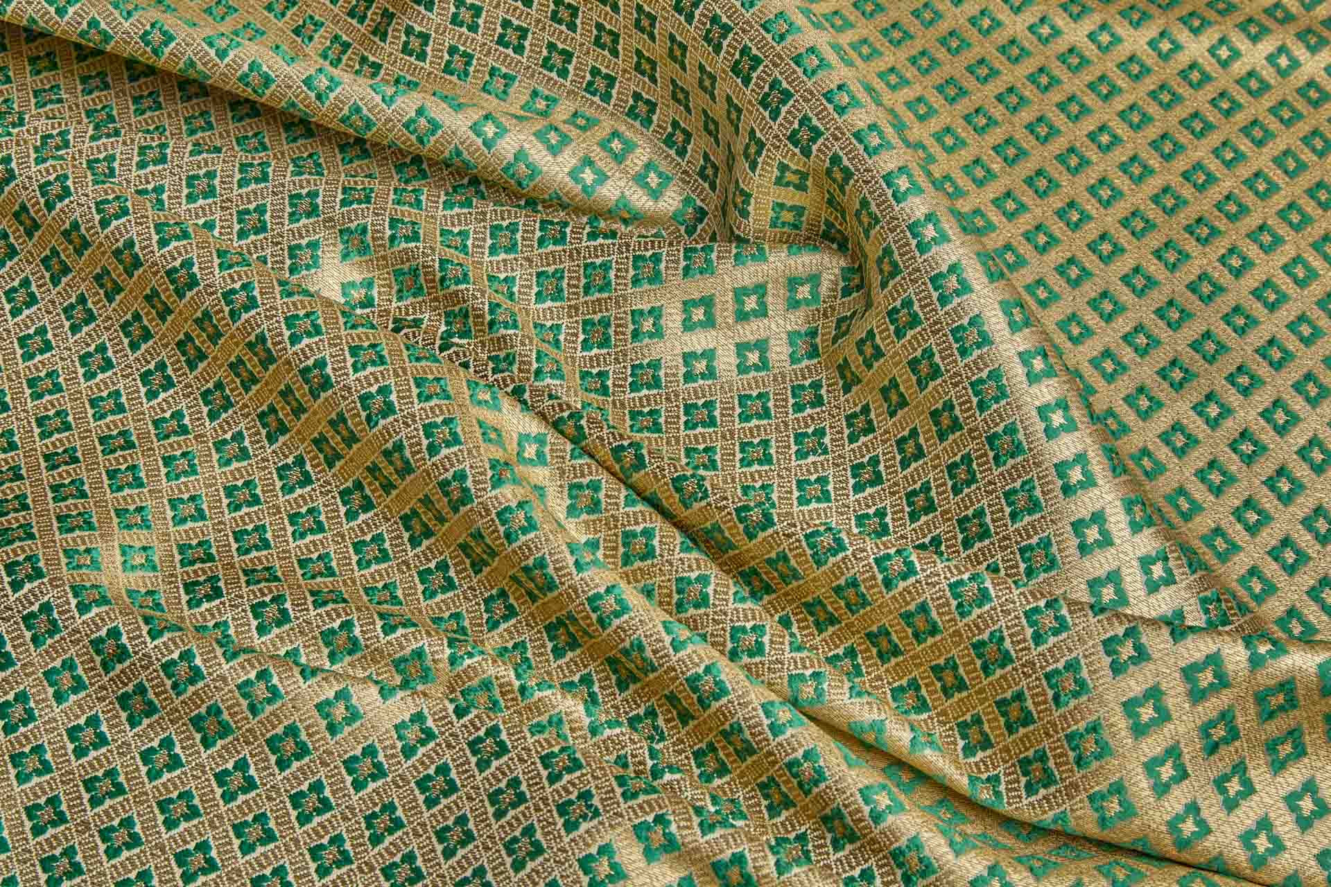 Geometric Banaras Brocade - Emerald Green & Gold Metallic fabric, image 3 of 8