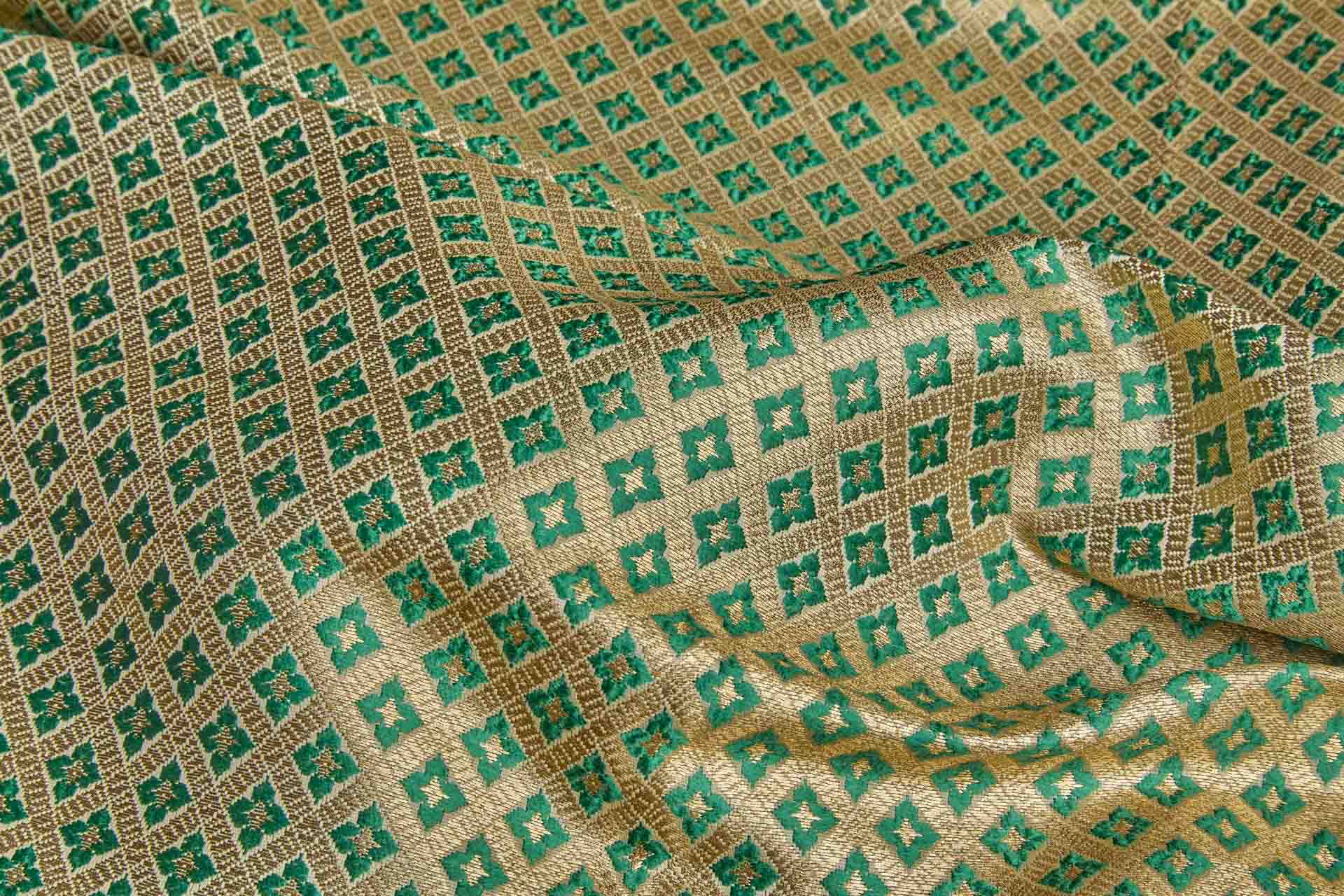 Geometric Banaras Brocade - Emerald Green & Gold Metallic fabric