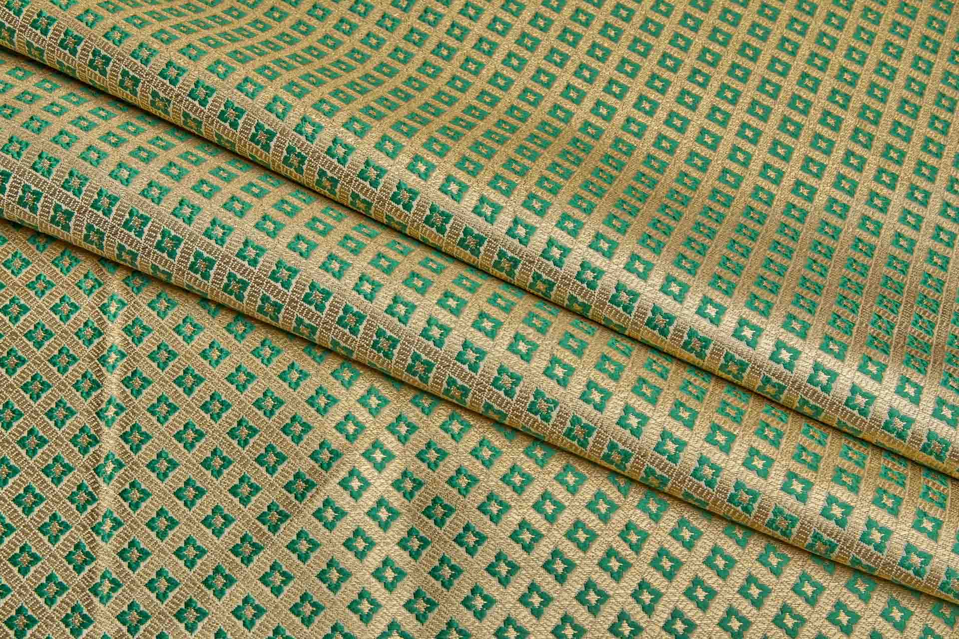Geometric Banaras Brocade - Emerald Green & Gold Metallic fabric, image 4 of 8