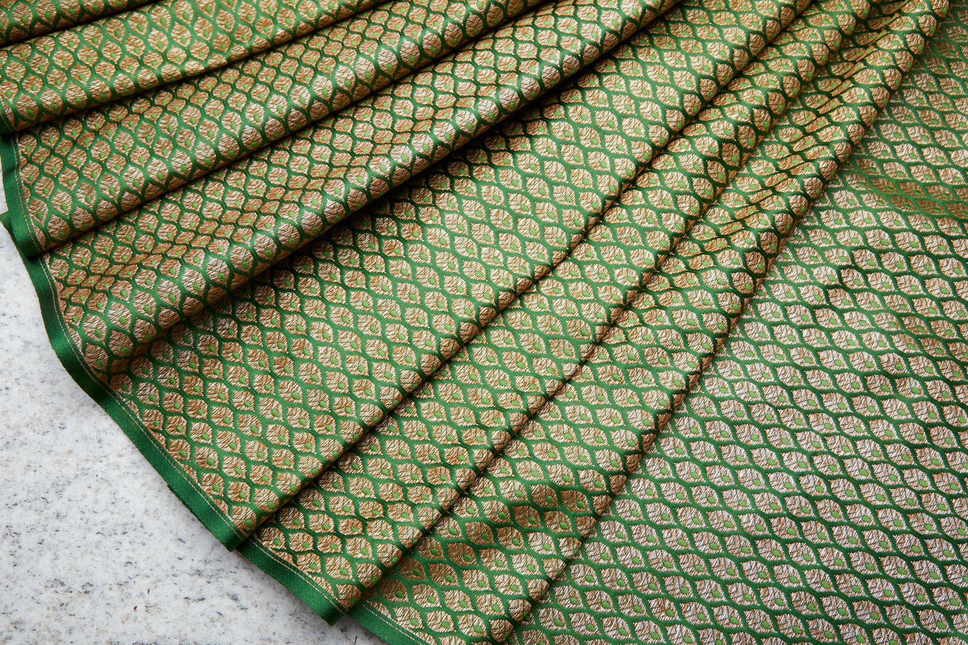 Banaras Brocade - Green / Gold Leaves fabric