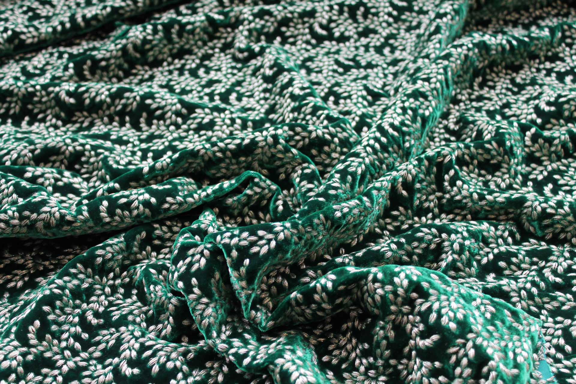 Ornate Gold Leaf Embroidery on Emerald Green Silk Velvet fabric, image 2 of 6