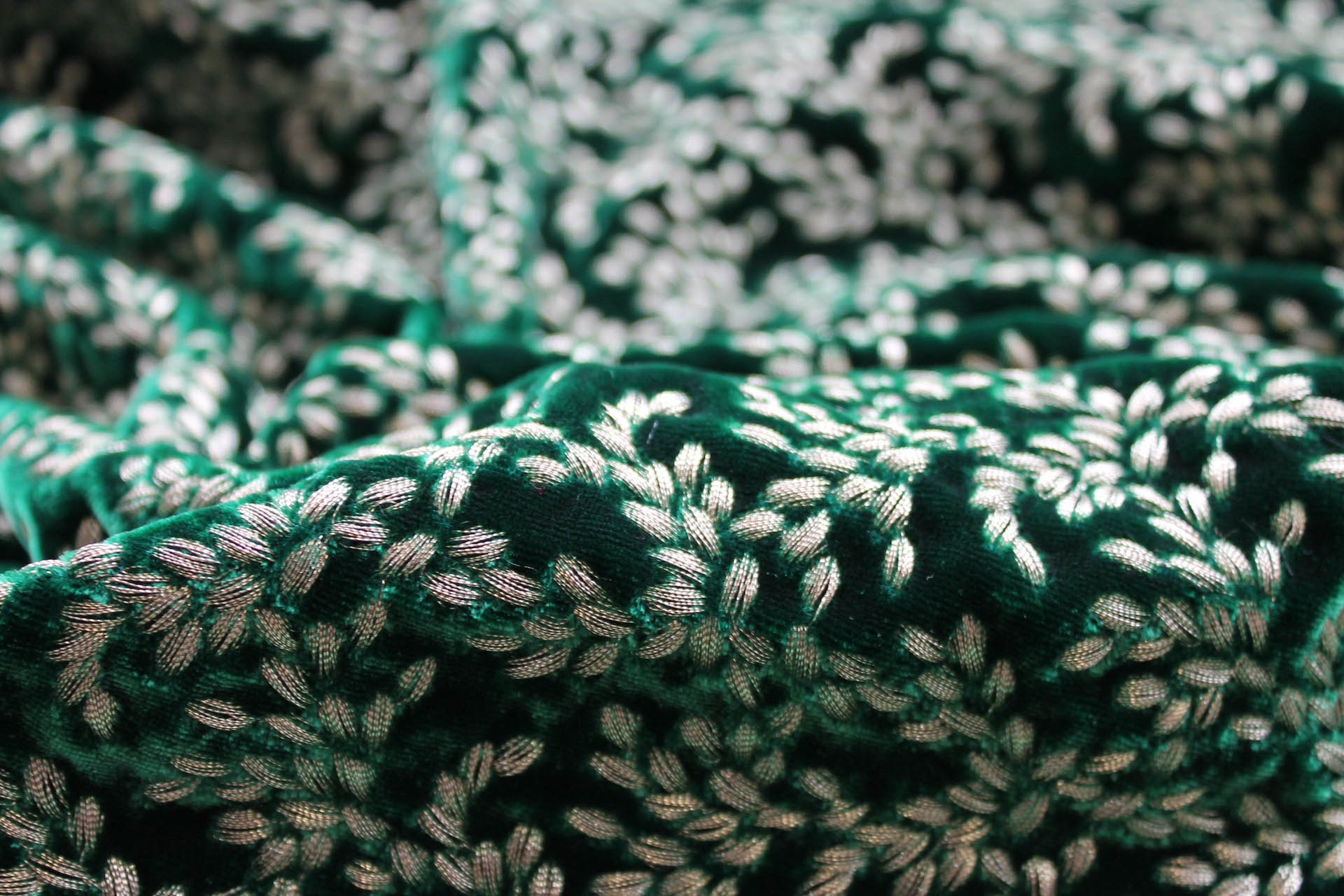 Ornate Gold Leaf Embroidery on Emerald Green Silk Velvet fabric, image 4 of 6