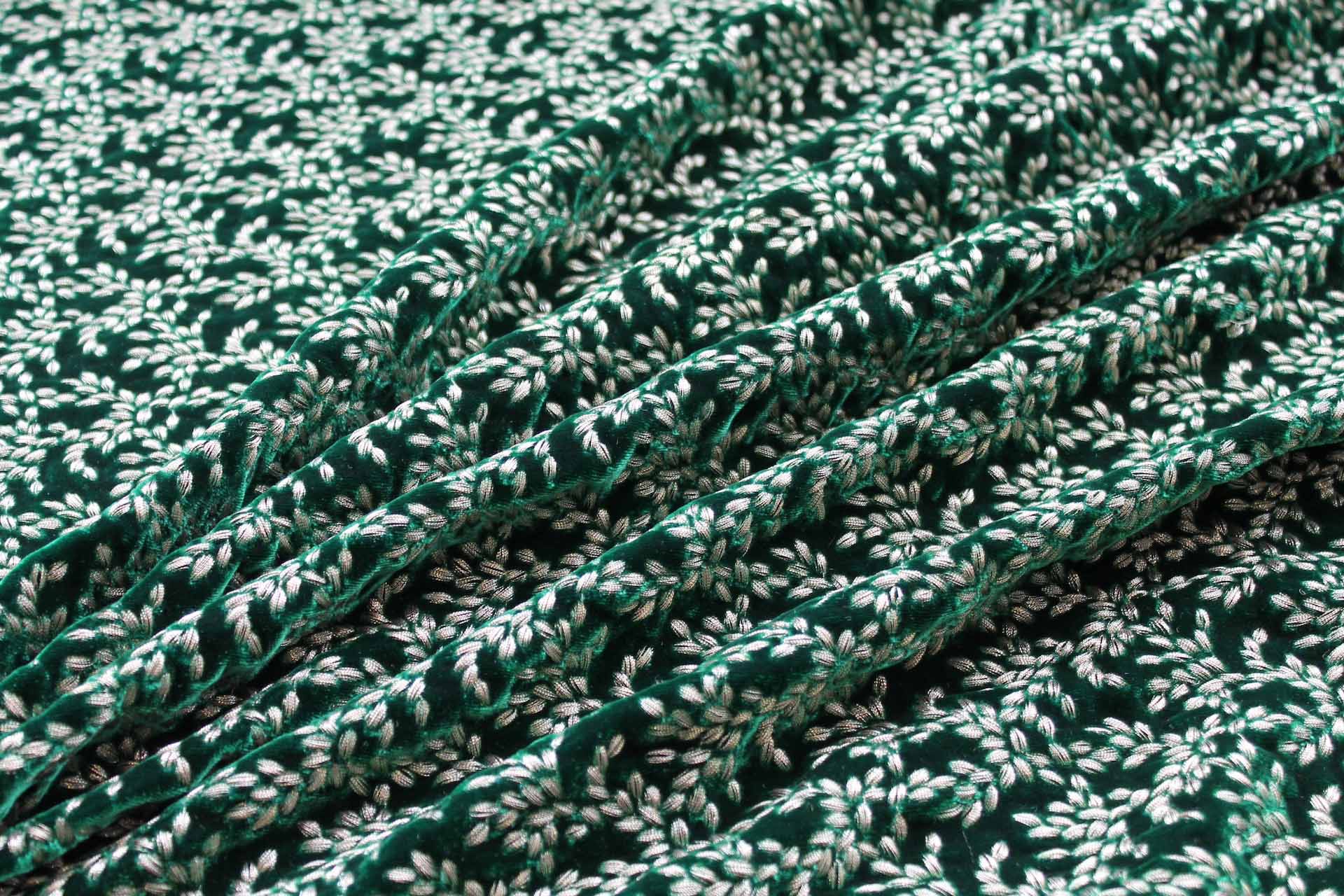 Ornate Gold Leaf Embroidery on Emerald Green Silk Velvet fabric, image 5 of 6