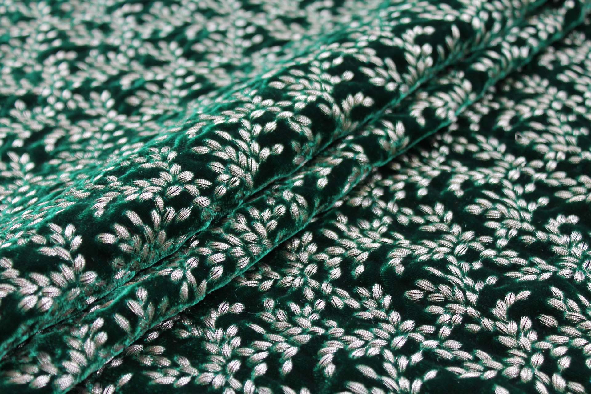 Ornate Gold Leaf Embroidery on Emerald Green Silk Velvet fabric
