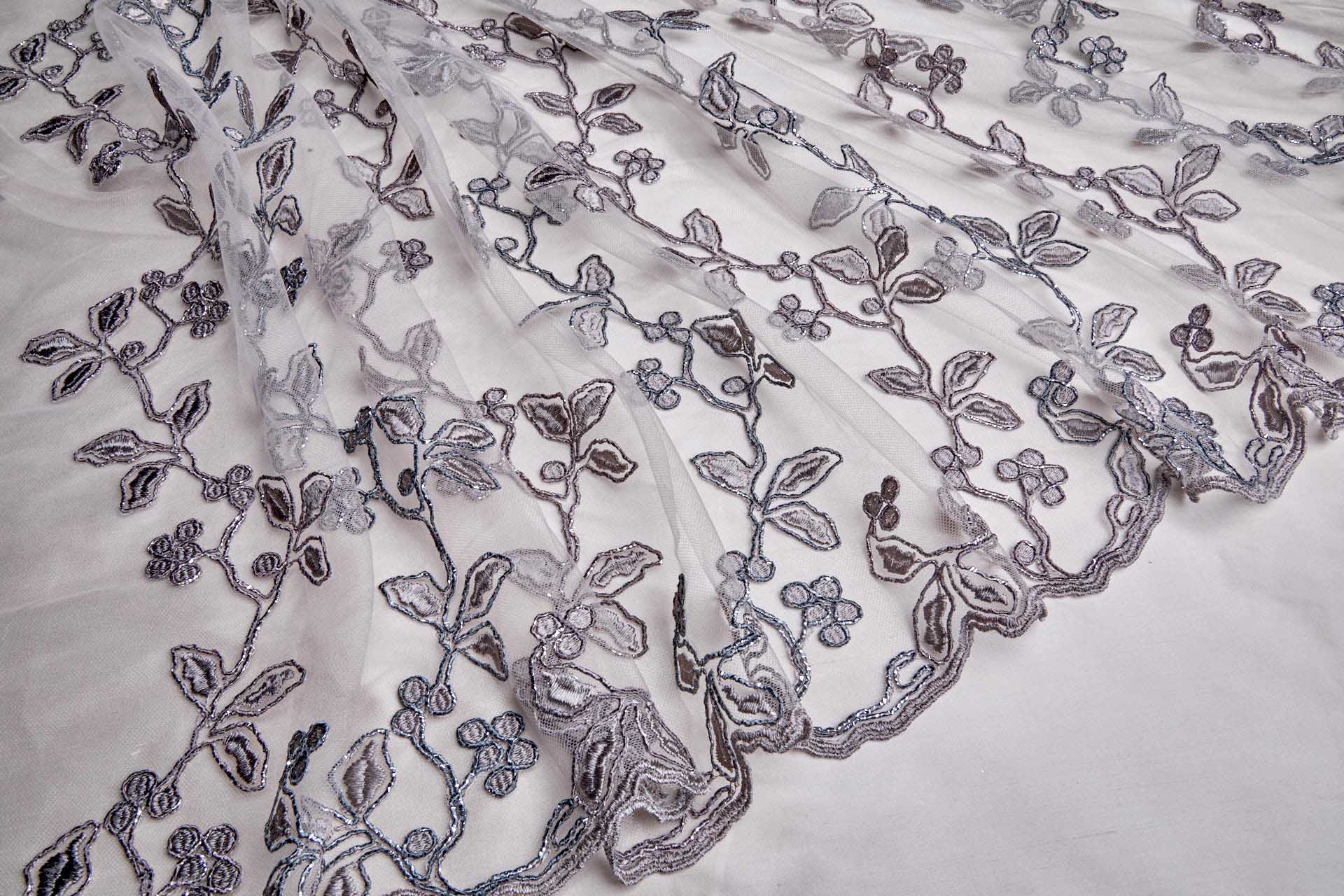 Mauve and Gunmetal Gimp Cord Embroidery on Illusion Tulle fabric