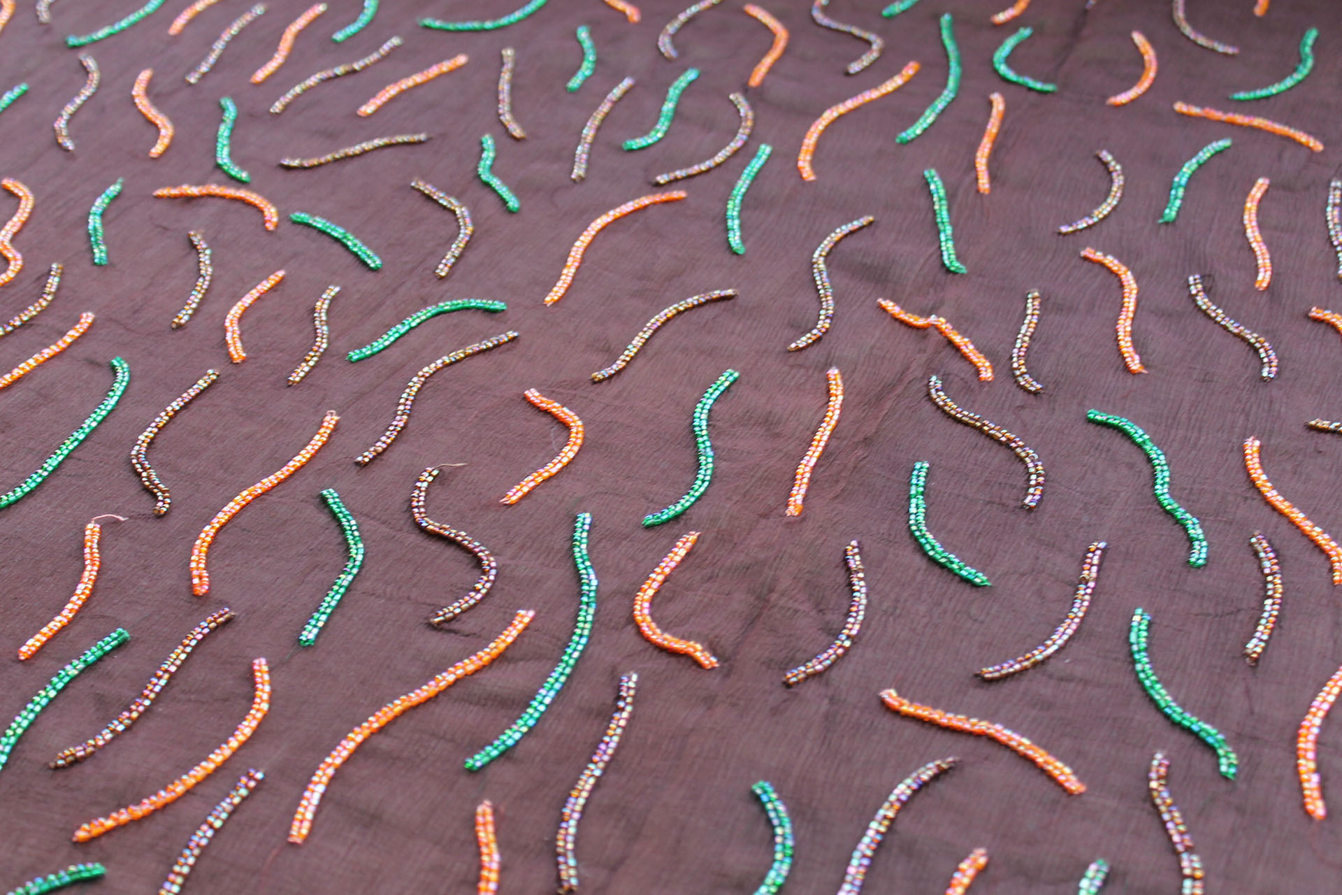 Brown Chiffon with Orange, Green and Brown Beads fabric, image 2 of 6