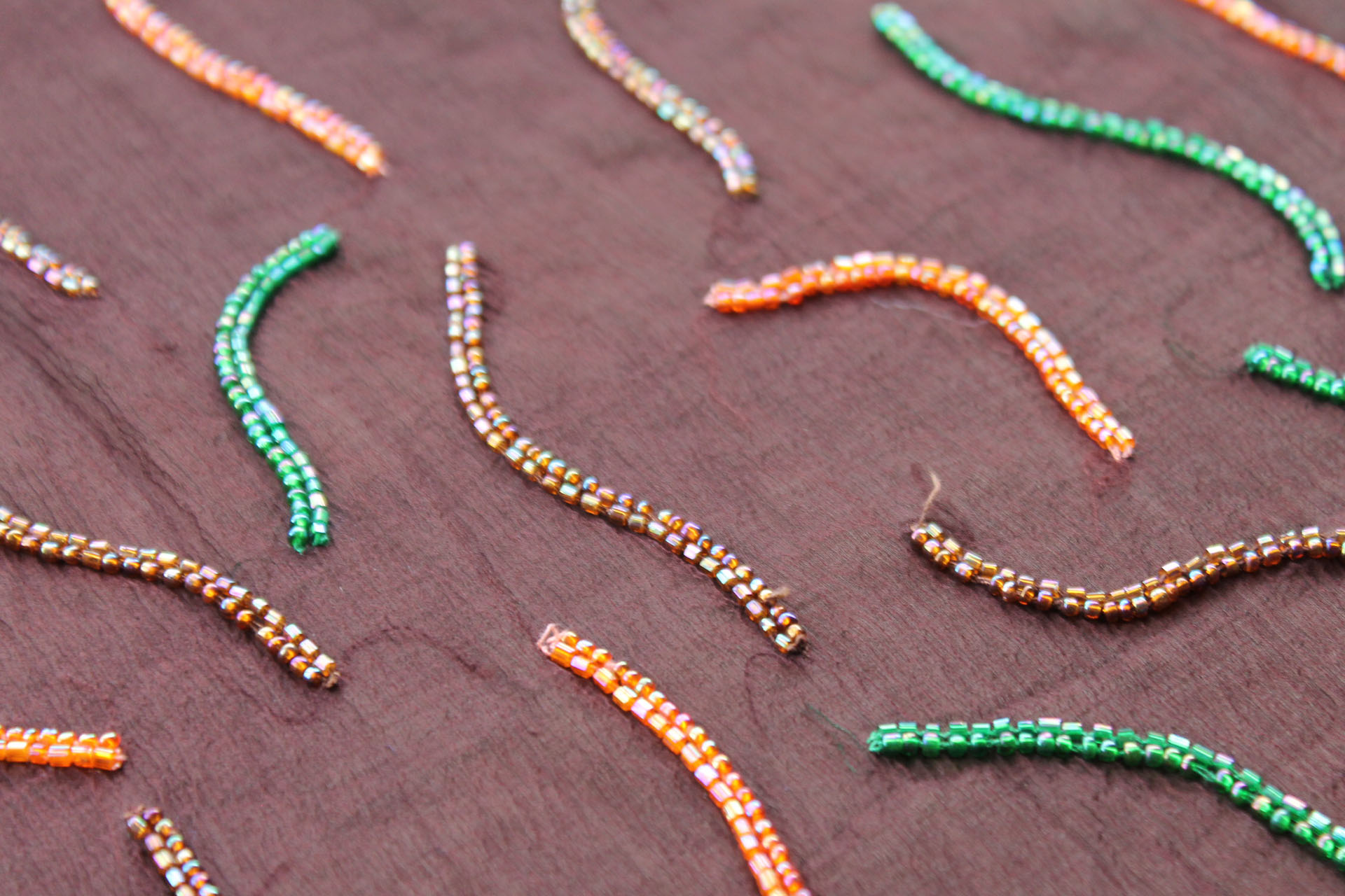 Brown Chiffon with Orange, Green and Brown Beads fabric, image 3 of 6