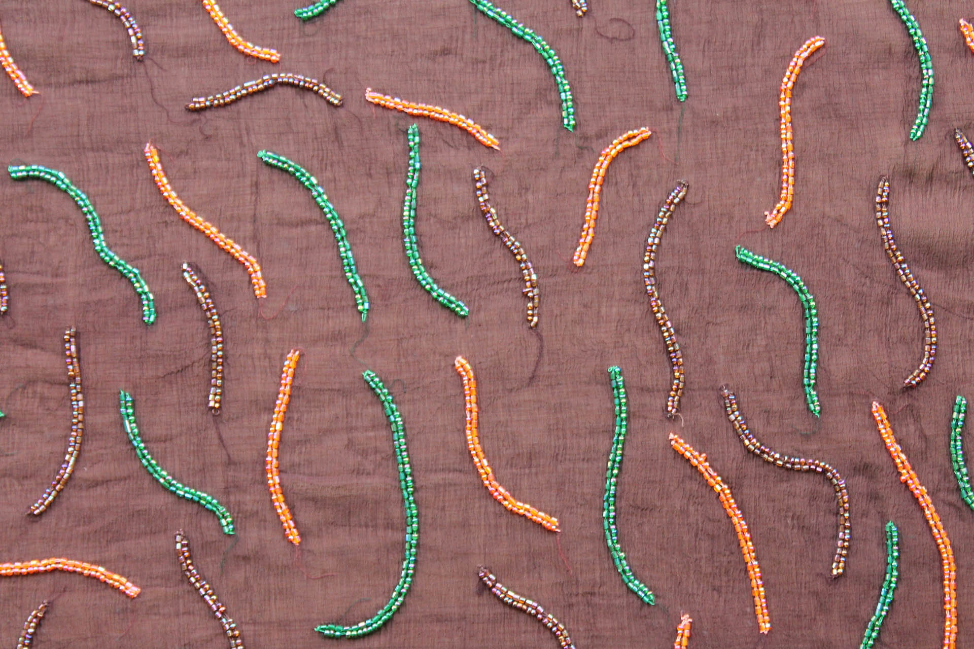 Brown Chiffon with Orange, Green and Brown Beads fabric, image 4 of 6