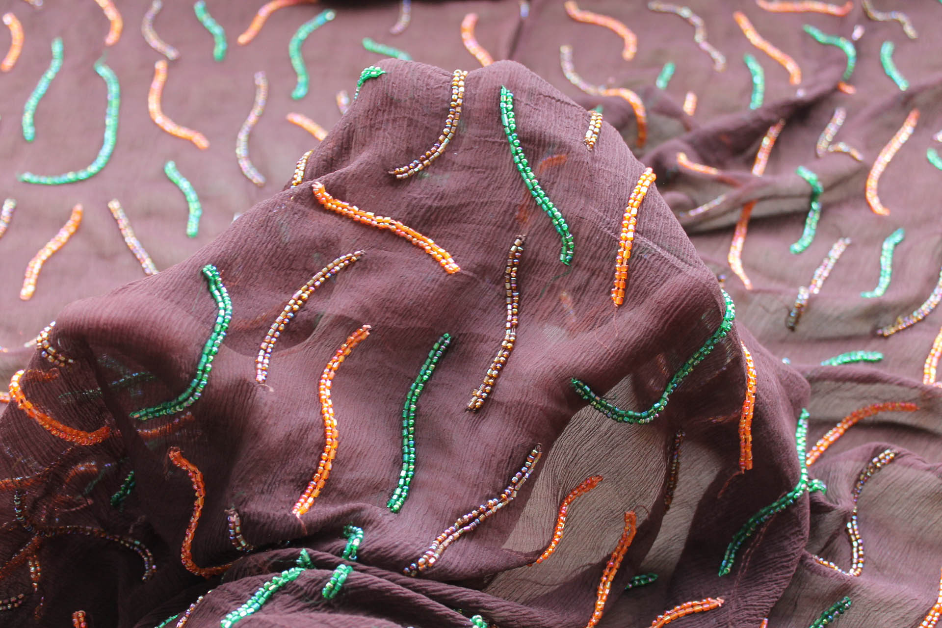 Brown Chiffon with Orange, Green and Brown Beads fabric, image 5 of 6