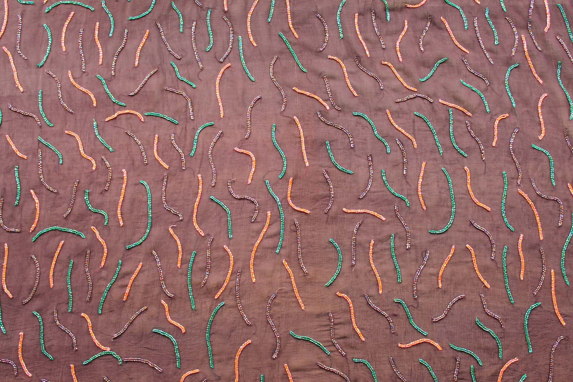 Brown Chiffon with Orange, Green and Brown Beads fabric, image 6 of 6