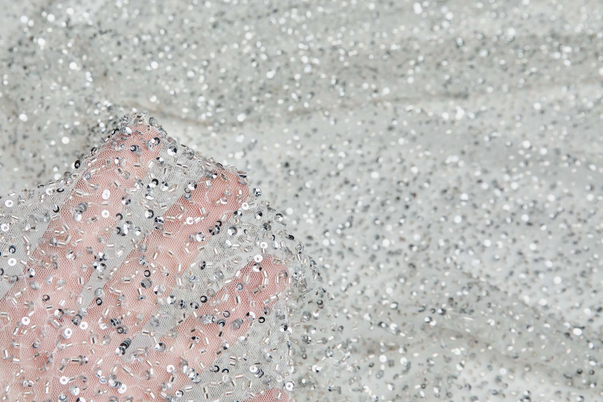 Silver Sequins and Micro Beads on Tulle fabric