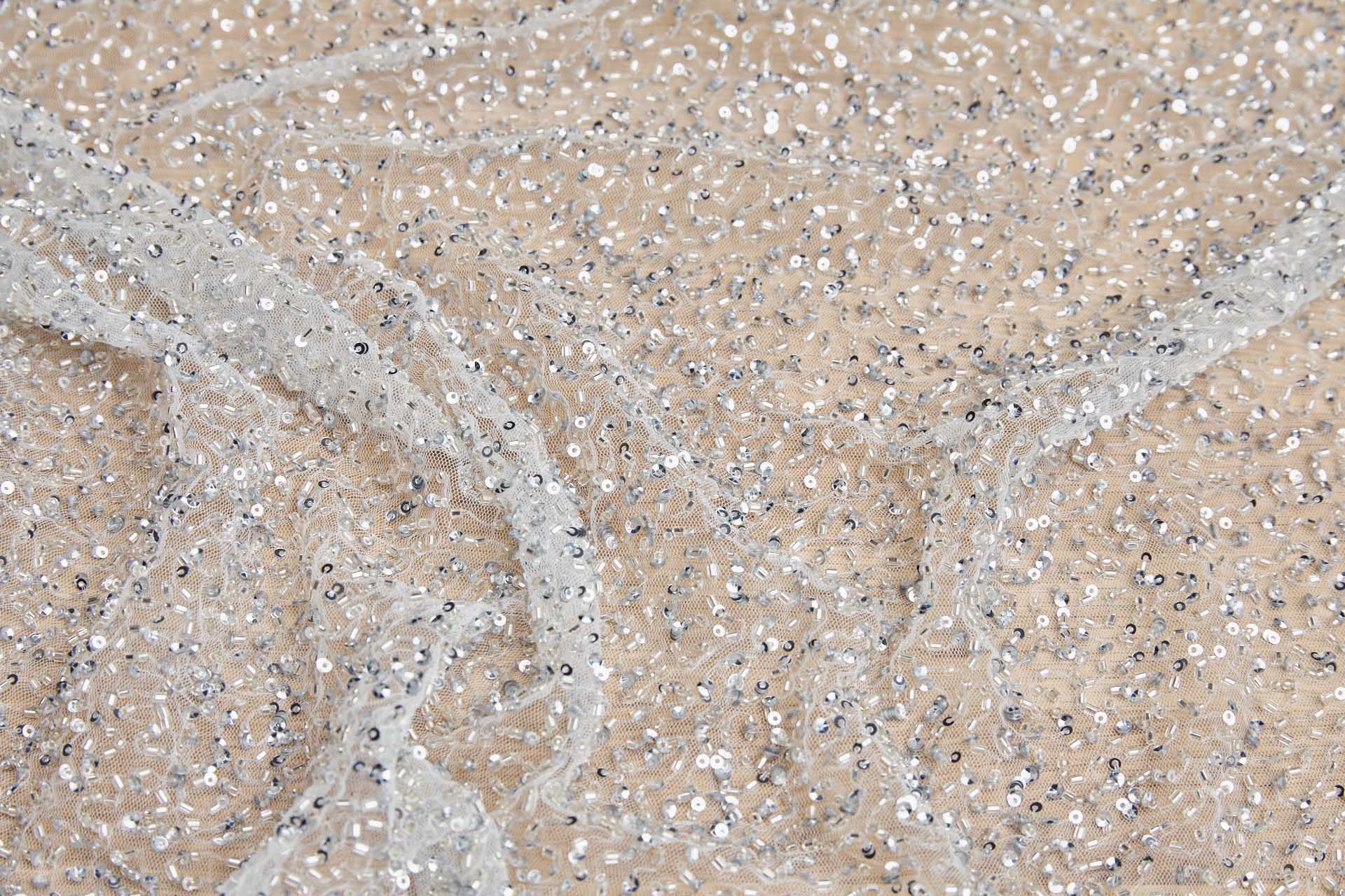 Silver Sequins and Micro Beads on Tulle fabric, image 2 of 6