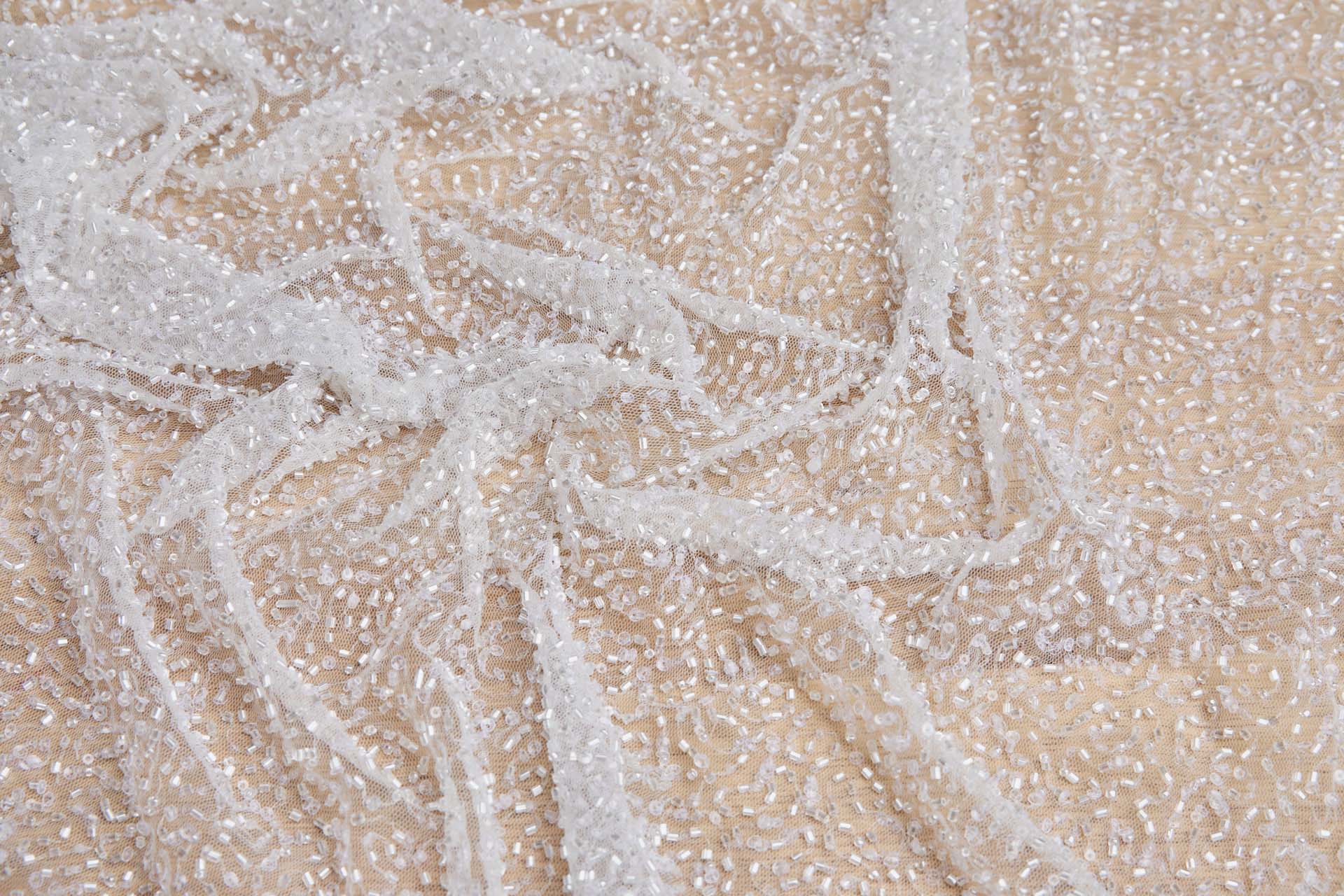 Beaded Nylon Tulle - Vintage Ivory / Clear fabric