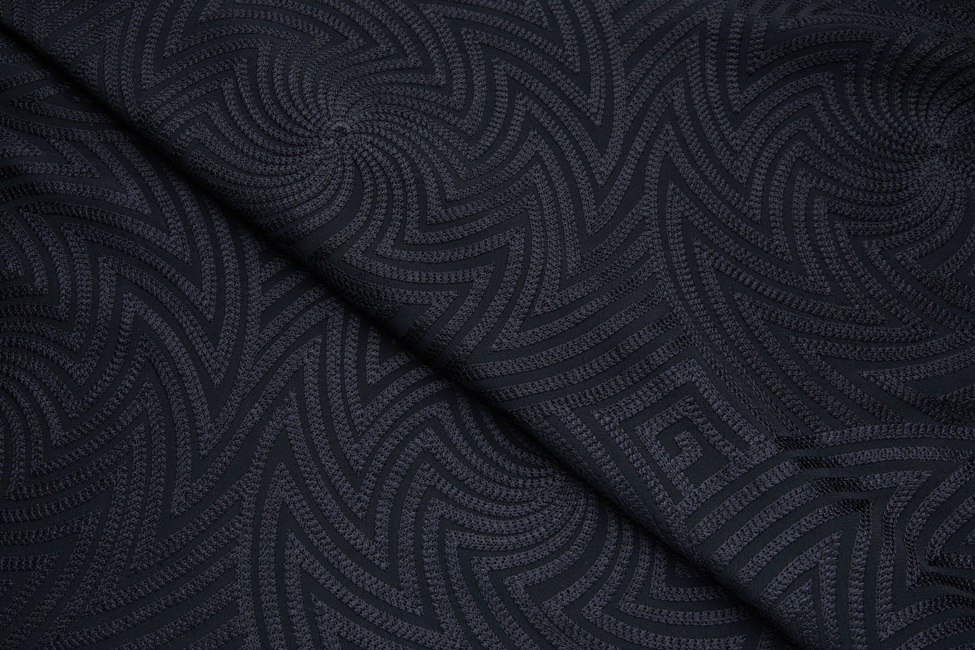 Black Zig-Zag Geometric Fractals Embroidery on Black Crepe fabric, image 6 of 10