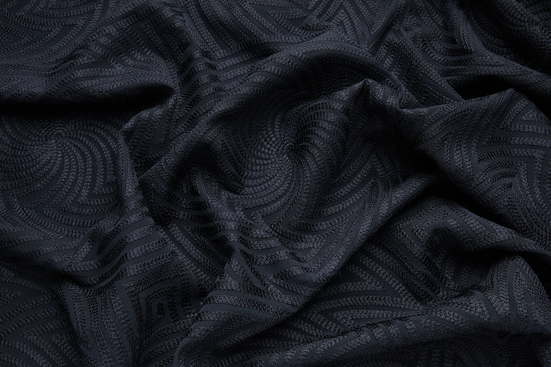 Black Zig-Zag Geometric Fractals Embroidery on Black Crepe fabric, image 5 of 10
