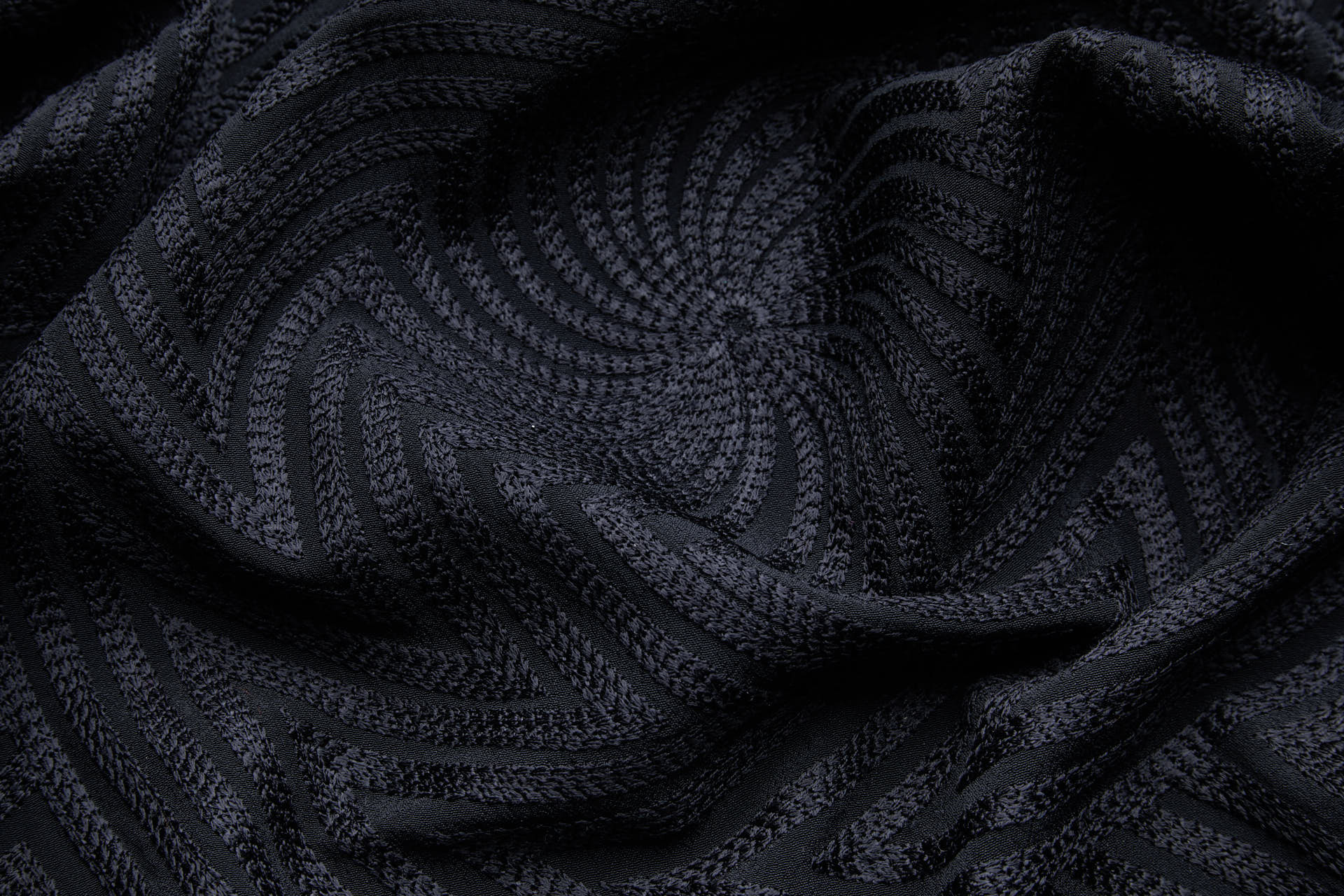 Black Zig-Zag Geometric Fractals Embroidery on Black Crepe fabric, image 2 of 10