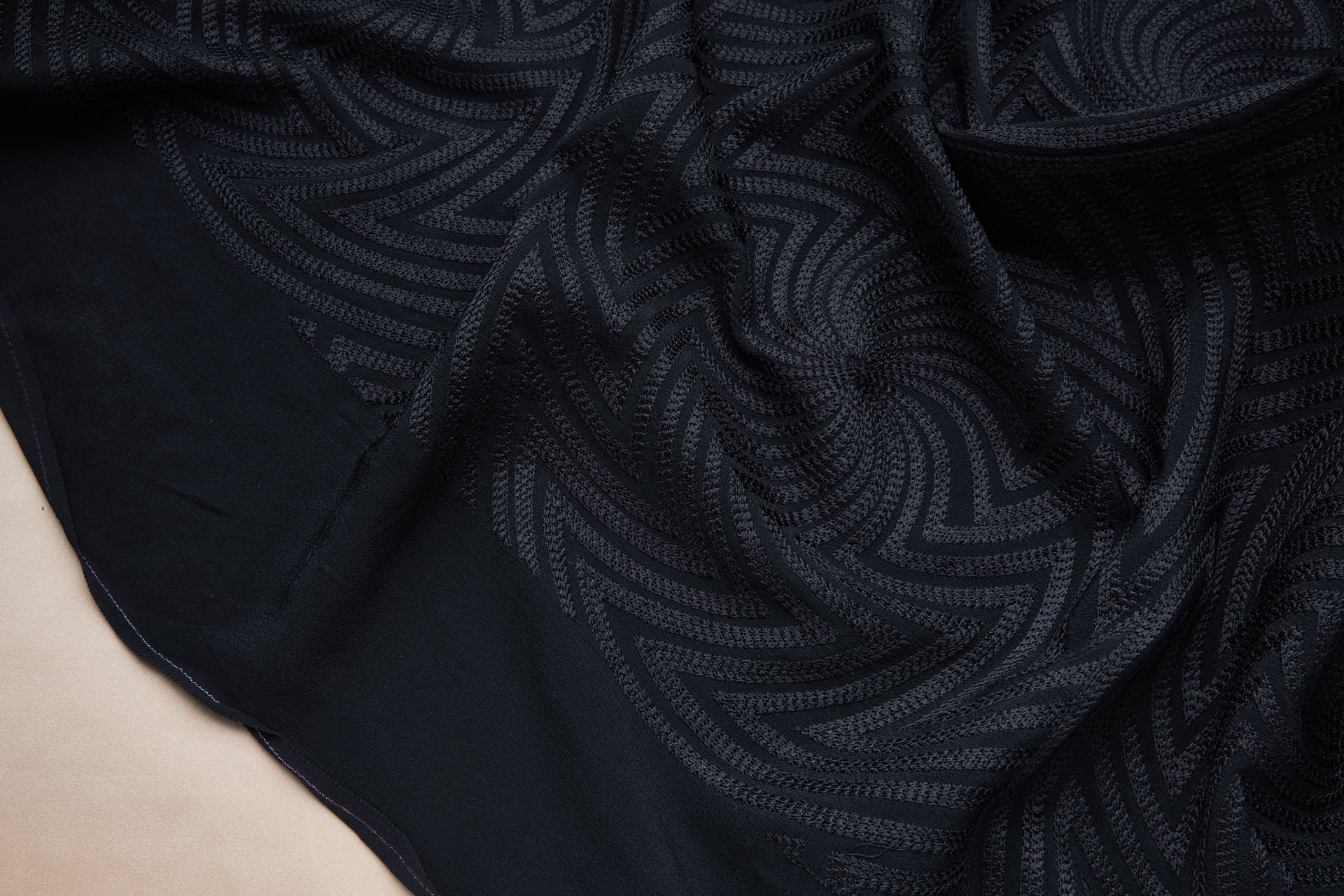 Black Zig-Zag Geometric Fractals Embroidery on Black Crepe fabric, image 10 of 10