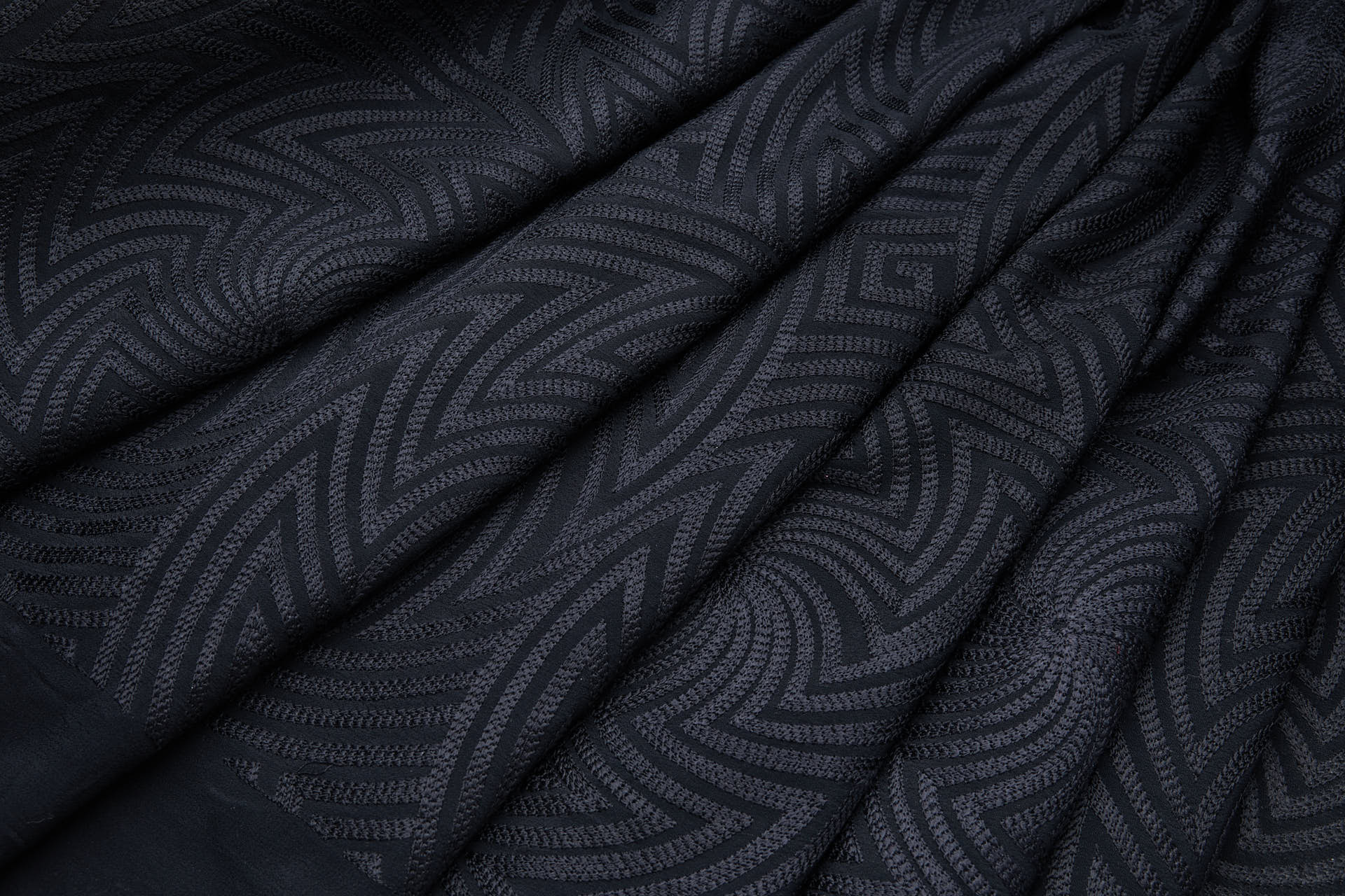 Black Zig-Zag Geometric Fractals Embroidery on Black Crepe fabric, image 3 of 10