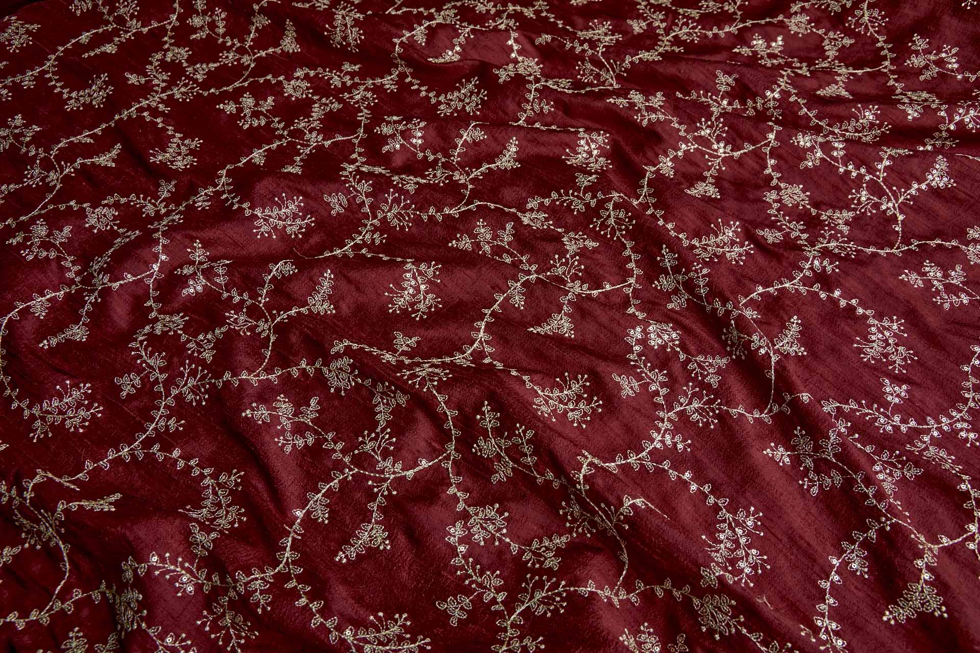 Delicate Gold Thread and Sequin Embroidery on Wine Red Silk Tassar / Tussah fabric, image 2 of 9