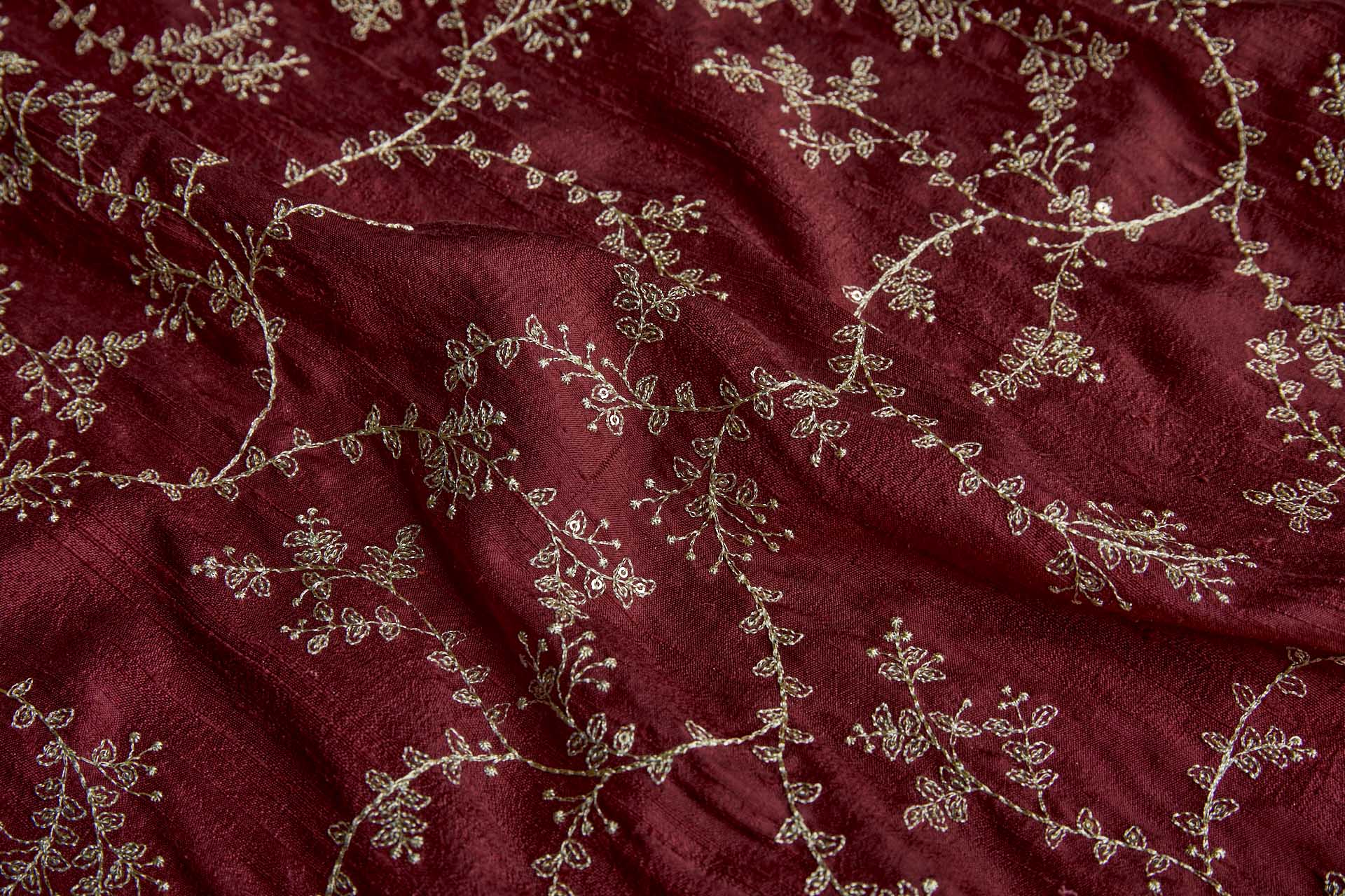 Delicate Gold Thread and Sequin Embroidery on Wine Red Silk Tassar / Tussah fabric