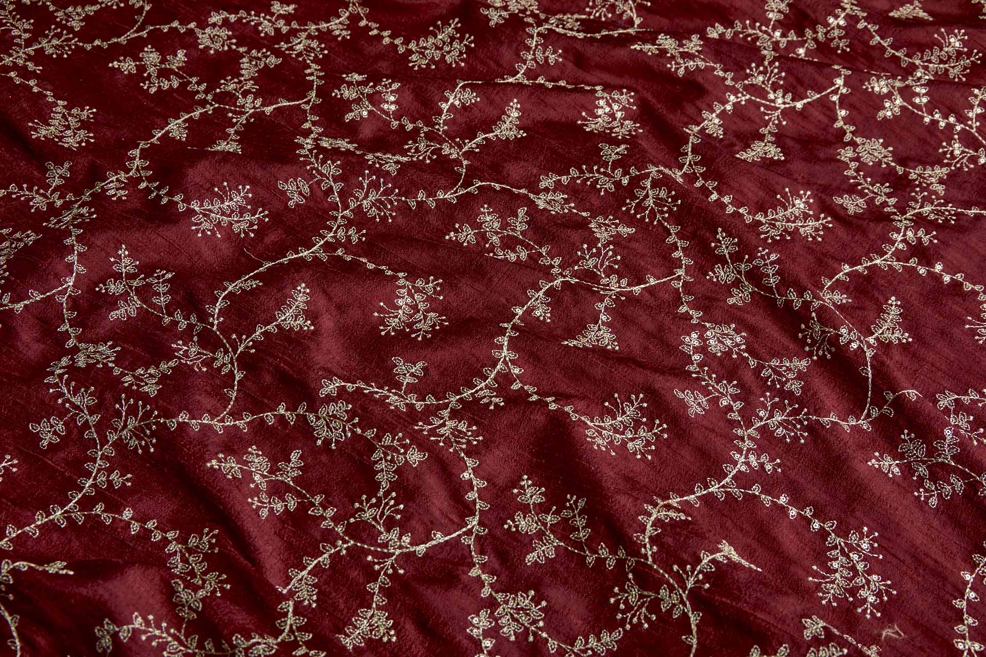 Delicate Gold Thread and Sequin Embroidery on Wine Red Silk Tassar / Tussah fabric, image 4 of 9