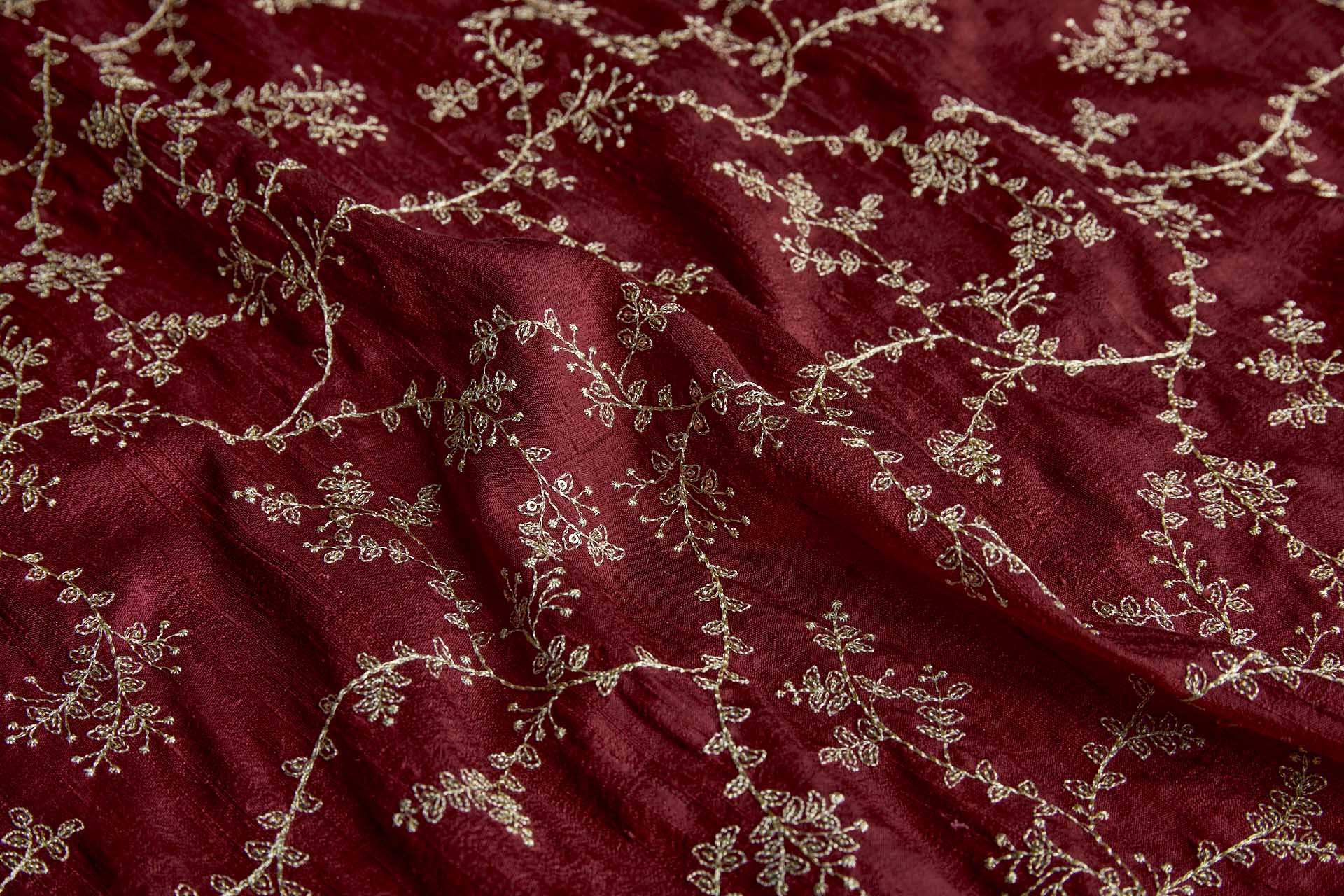 Delicate Gold Thread and Sequin Embroidery on Wine Red Silk Tassar / Tussah fabric, image 5 of 9