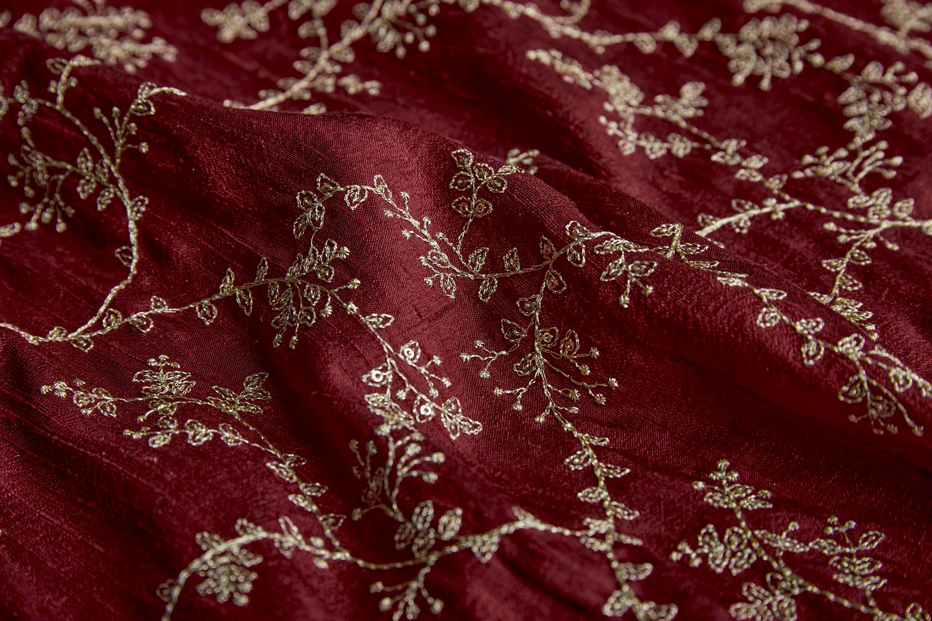 Delicate Gold Thread and Sequin Embroidery on Wine Red Silk Tassar / Tussah fabric, image 6 of 9