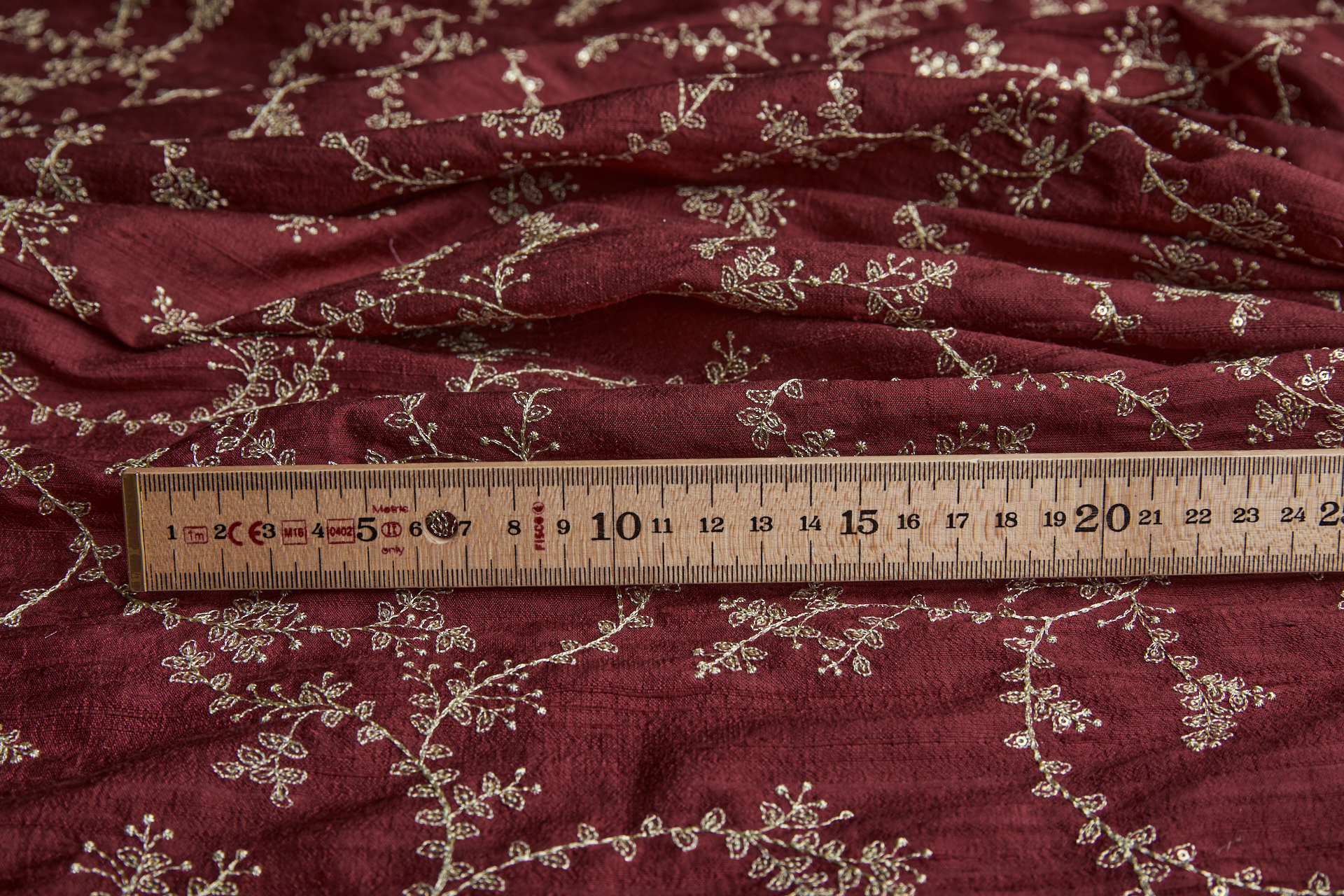 Delicate Gold Thread and Sequin Embroidery on Wine Red Silk Tassar / Tussah fabric, image 3 of 9