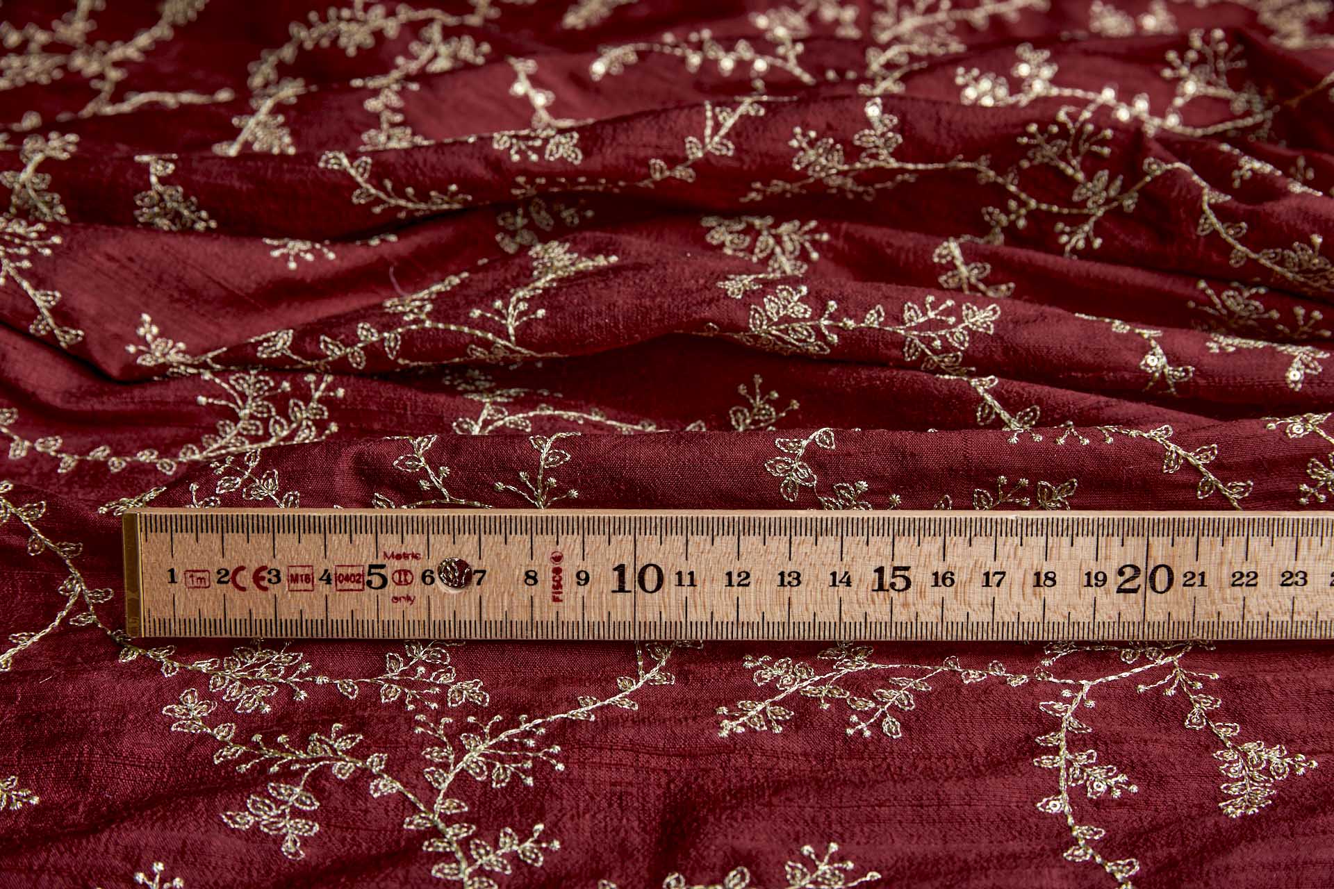Delicate Gold Thread and Sequin Embroidery on Wine Red Silk Tassar / Tussah fabric, image 7 of 9
