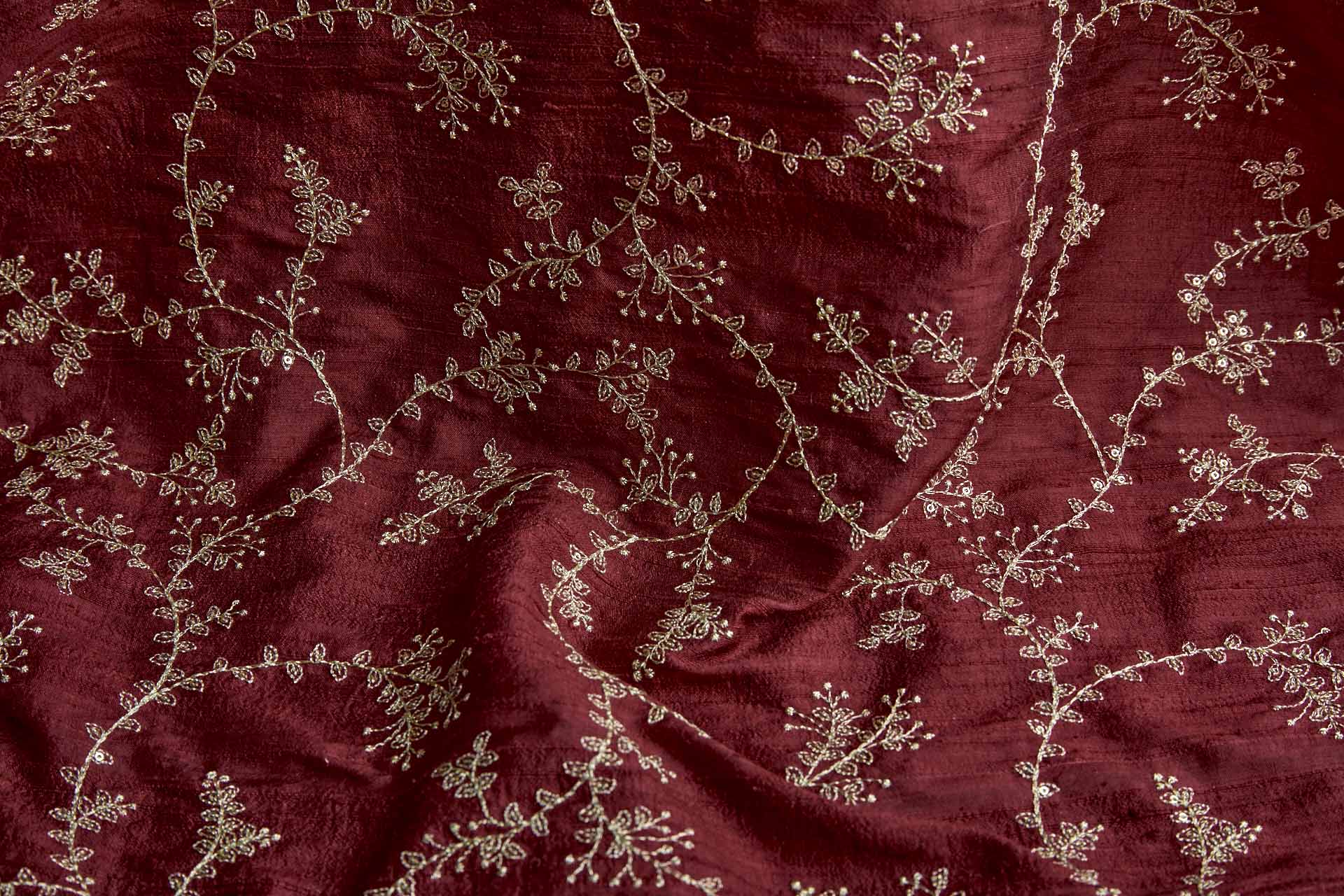 Delicate Gold Thread and Sequin Embroidery on Wine Red Silk Tassar / Tussah fabric, image 9 of 9
