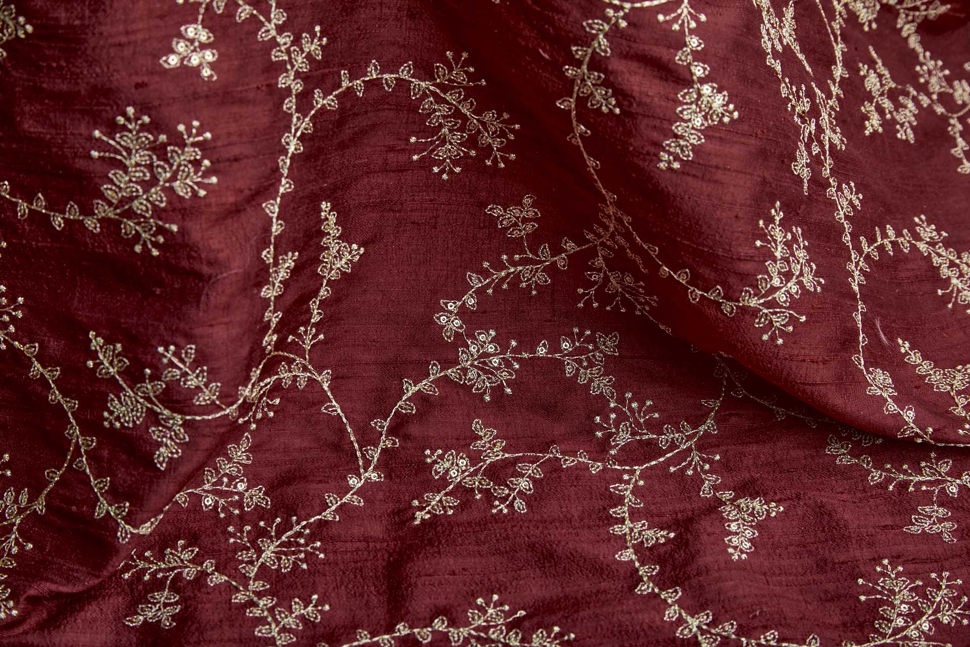 Delicate Gold Thread and Sequin Embroidery on Wine Red Silk Tassar / Tussah fabric, image 8 of 9