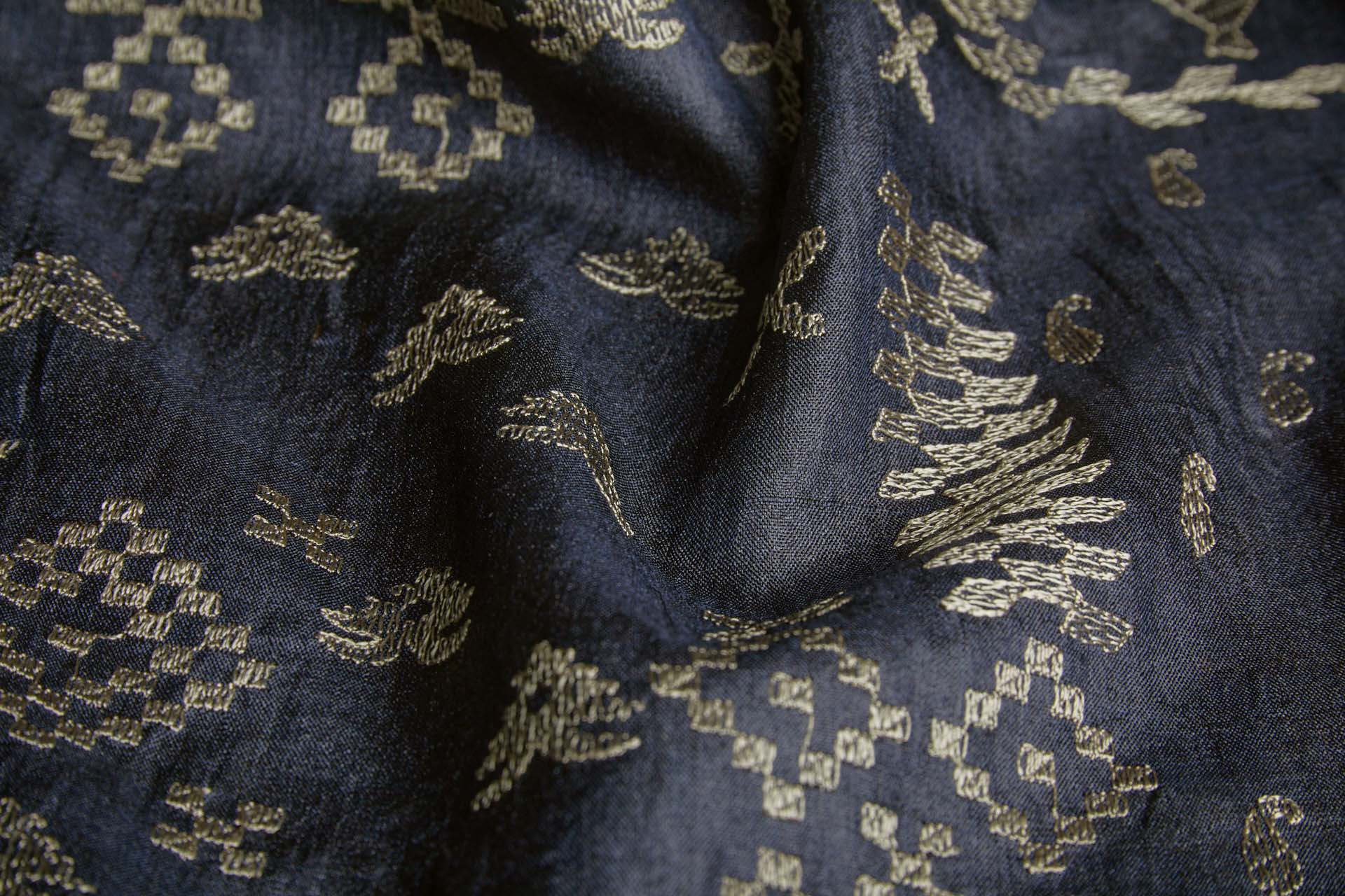 Border Style Kutch Embroidery on Navy Silk Tassar / Tussah fabric, image 3 of 10