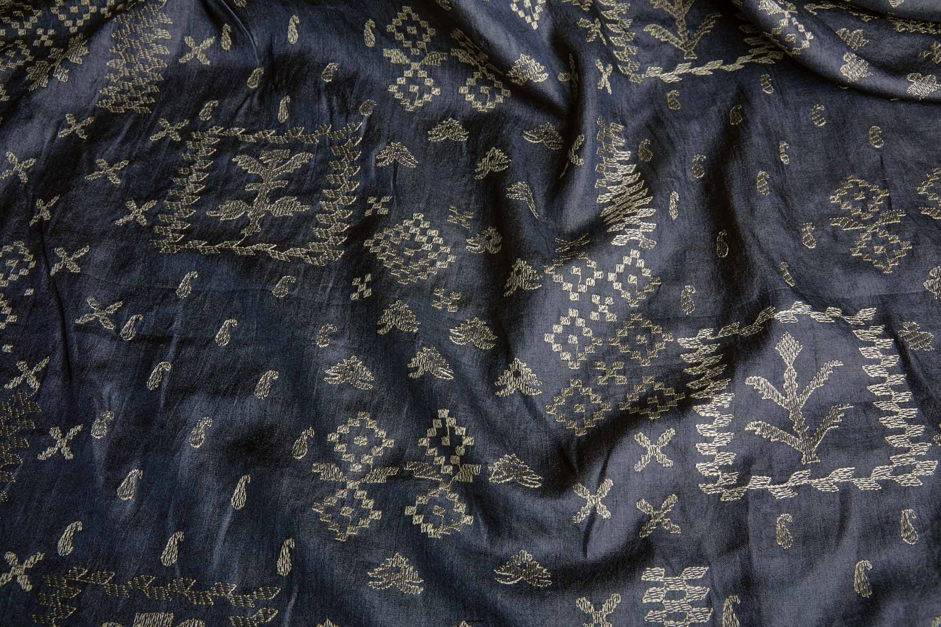 Border Style Kutch Embroidery on Navy Silk Tassar / Tussah fabric