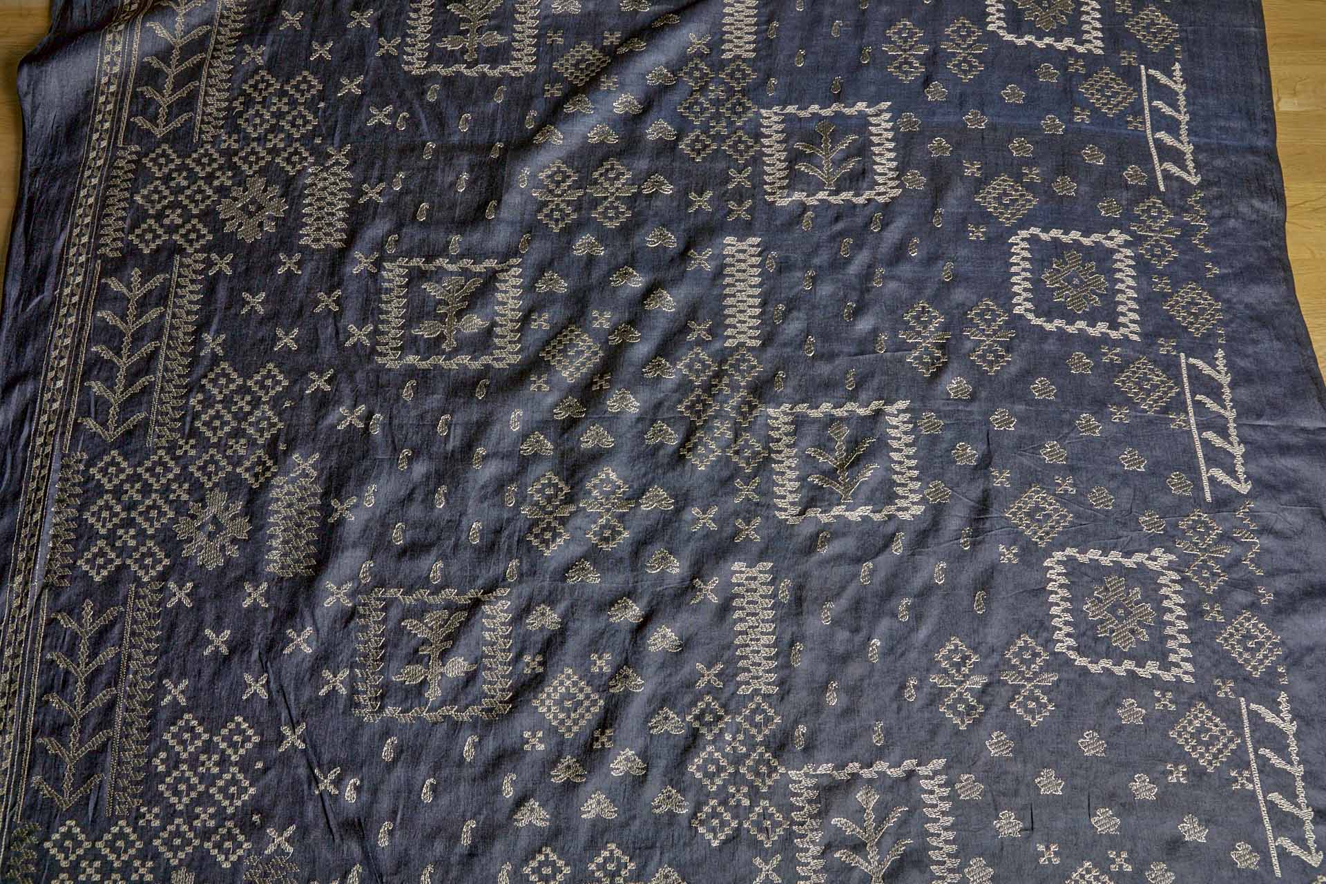 Border Style Kutch Embroidery on Navy Silk Tassar / Tussah fabric, image 8 of 10