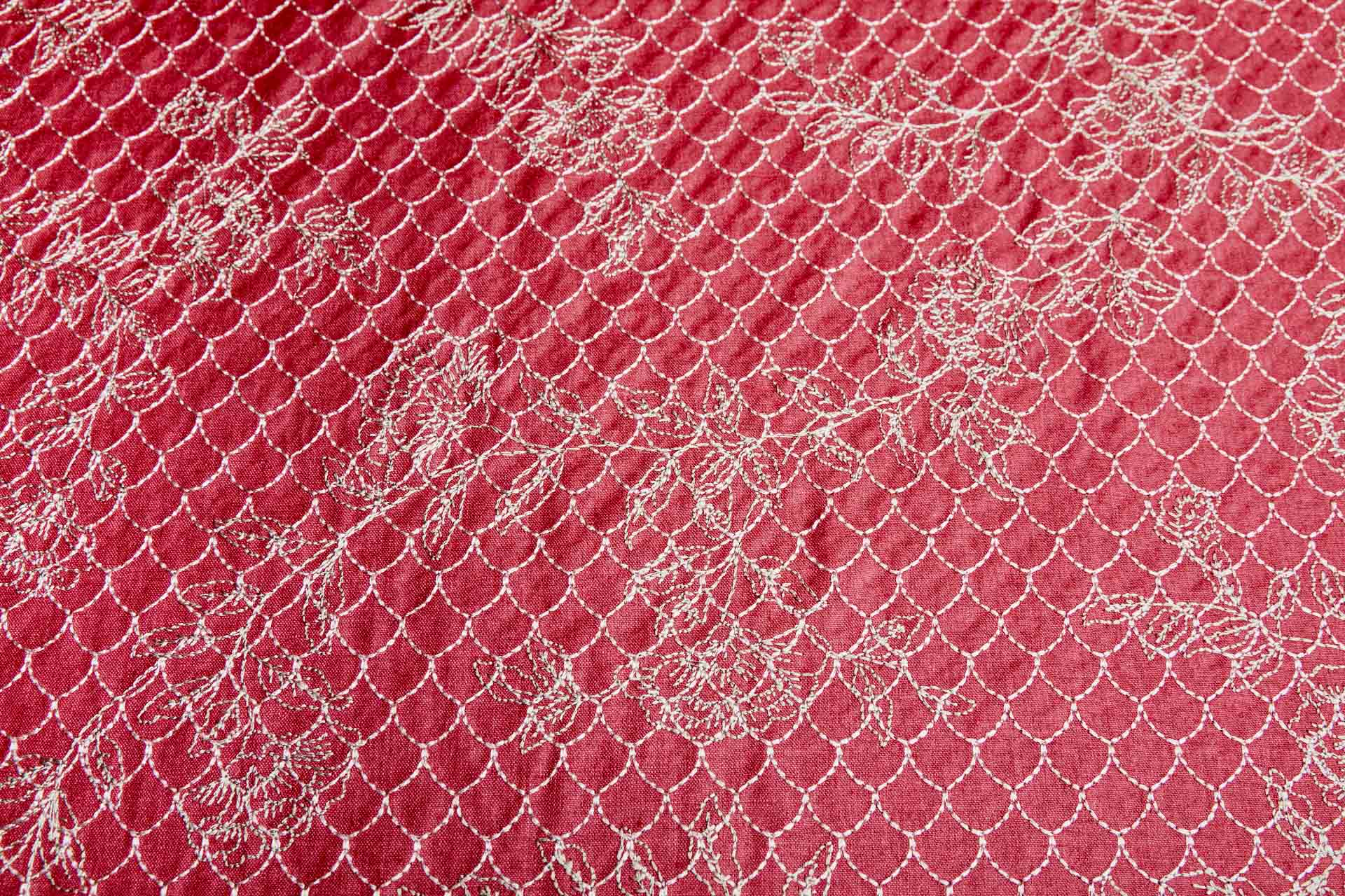 Scales and Flowers Embroidery in Berry Red Silk Tassar / Tussah fabric, image 7 of 7